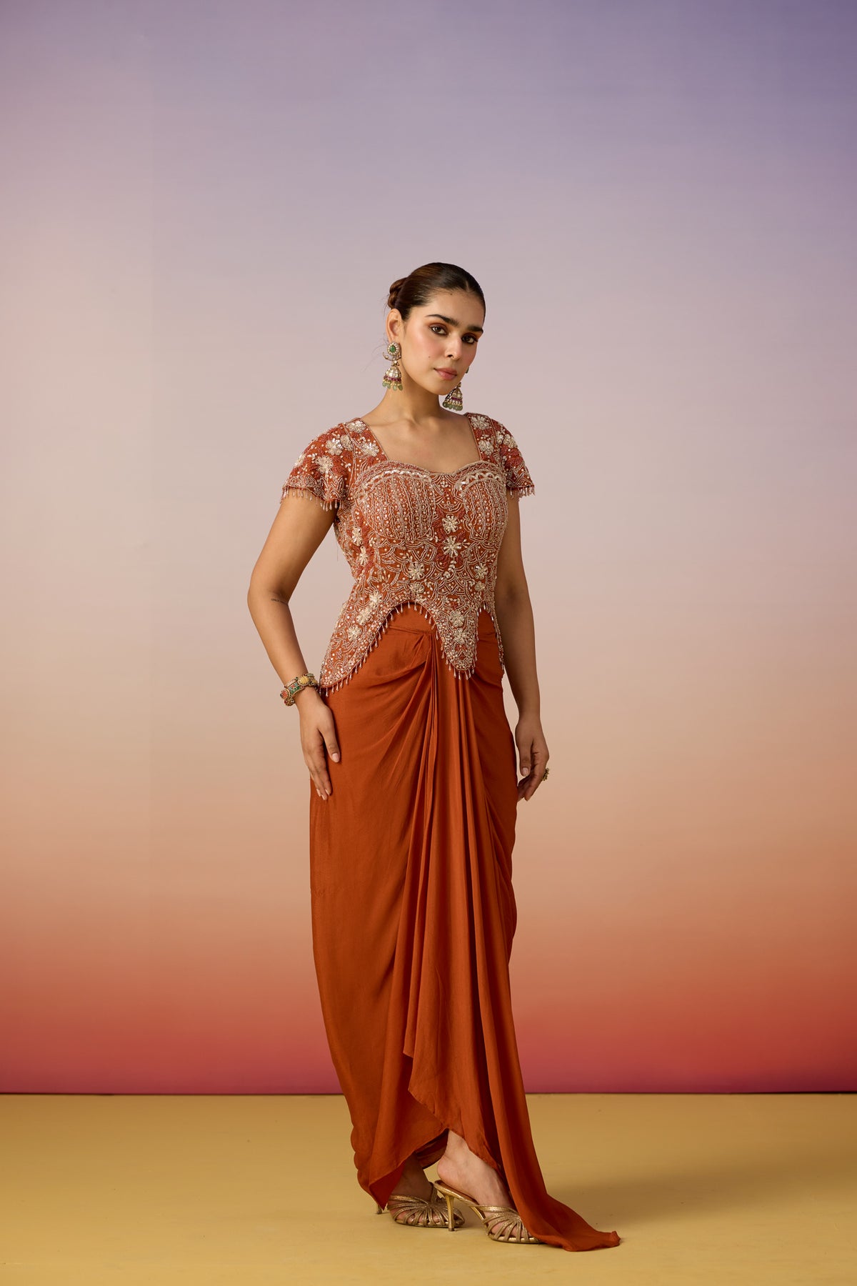 Orange Rust Embellished Georgette Silk Skirt Set