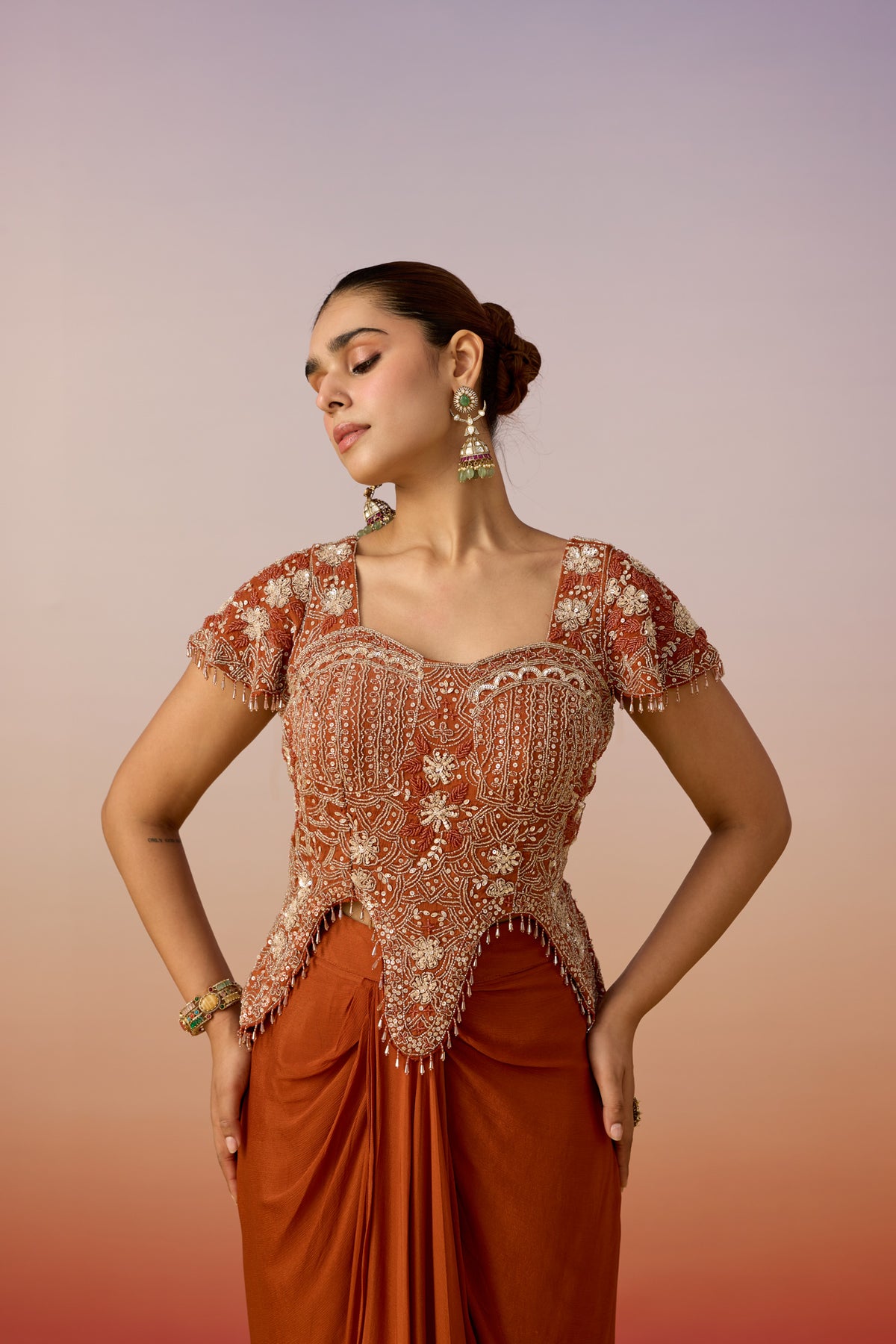 Orange Rust Embellished Georgette Silk Skirt Set
