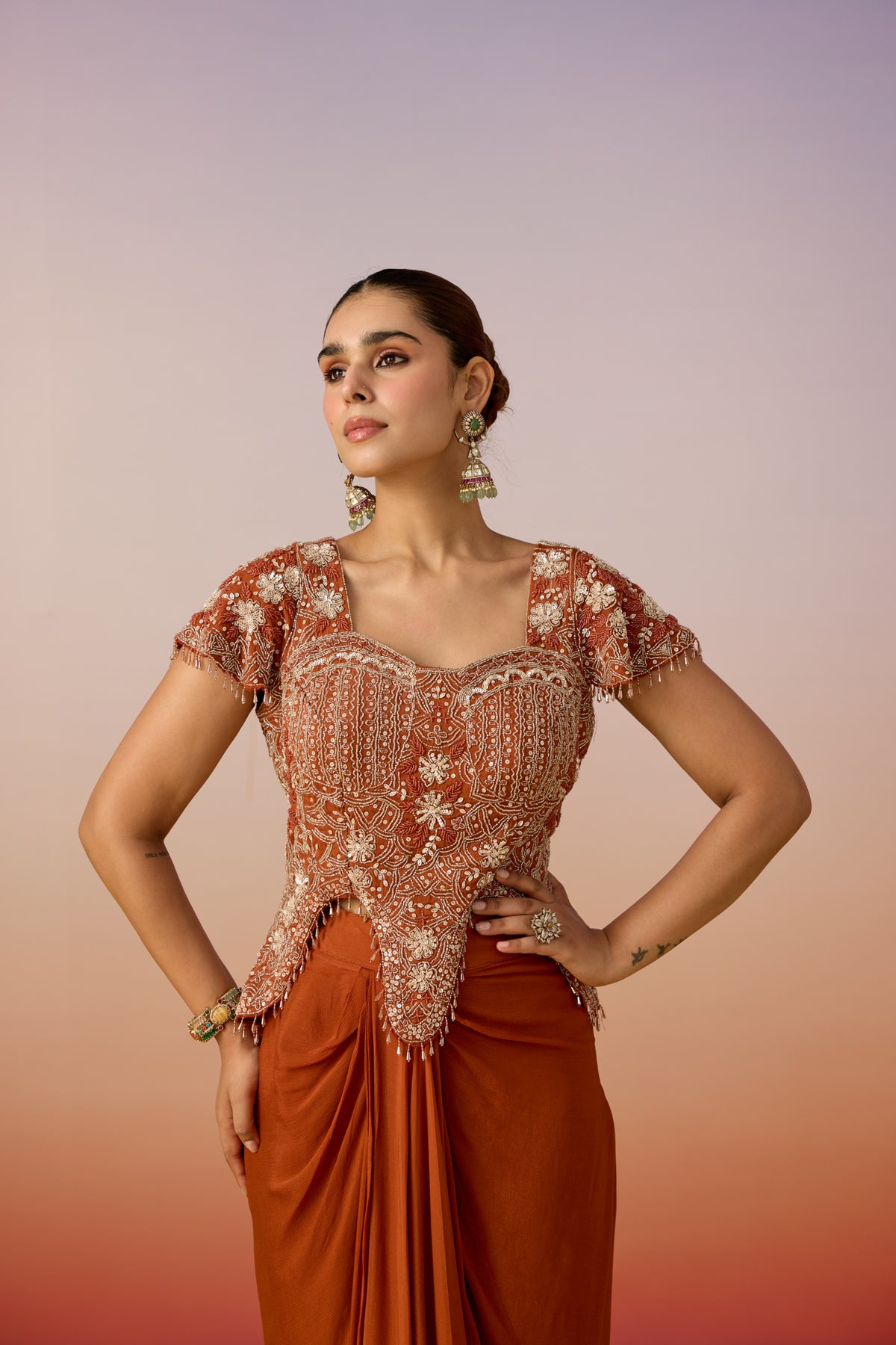 Orange Rust Embellished Georgette Silk Skirt Set