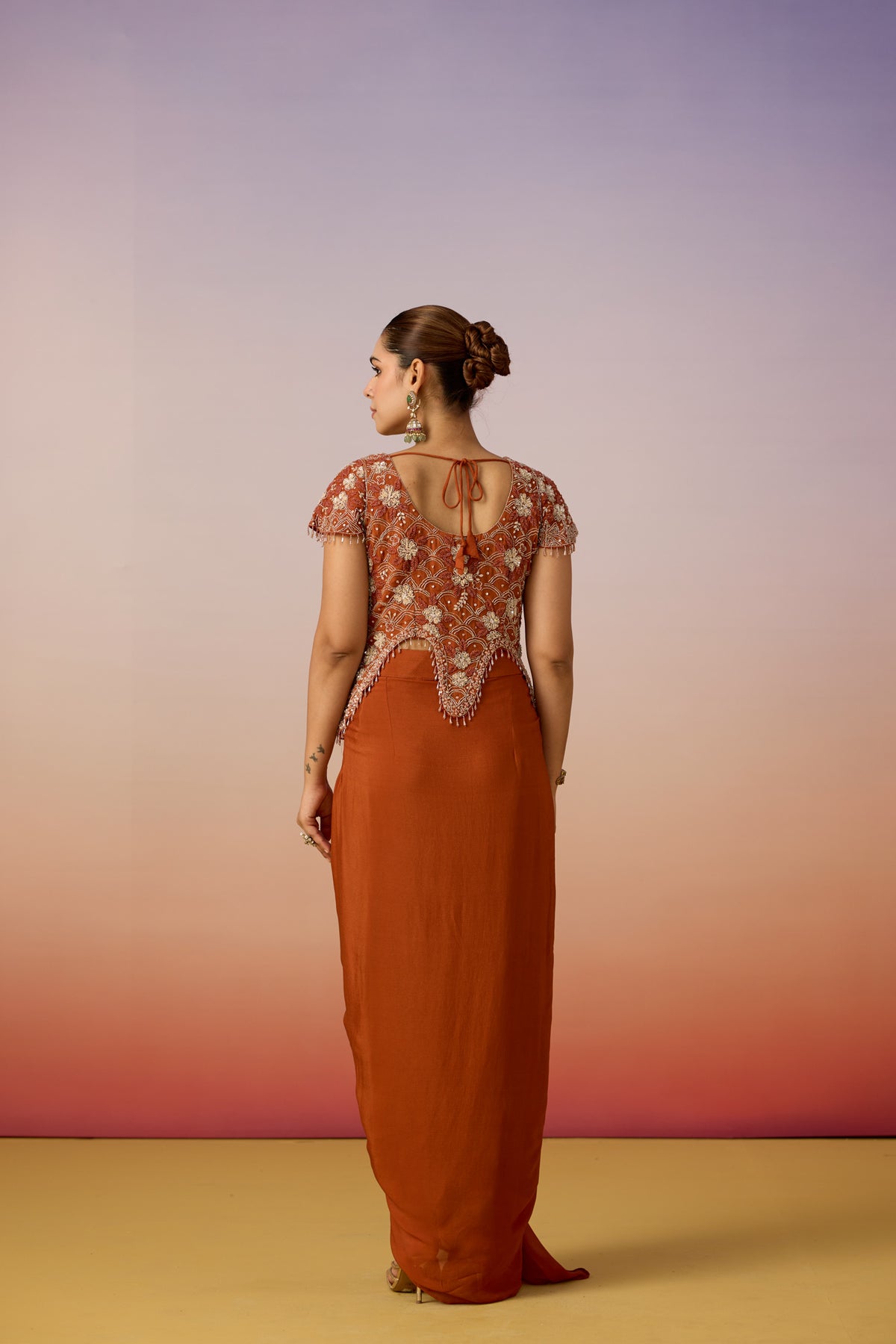 Orange Rust Embellished Georgette Silk Skirt Set