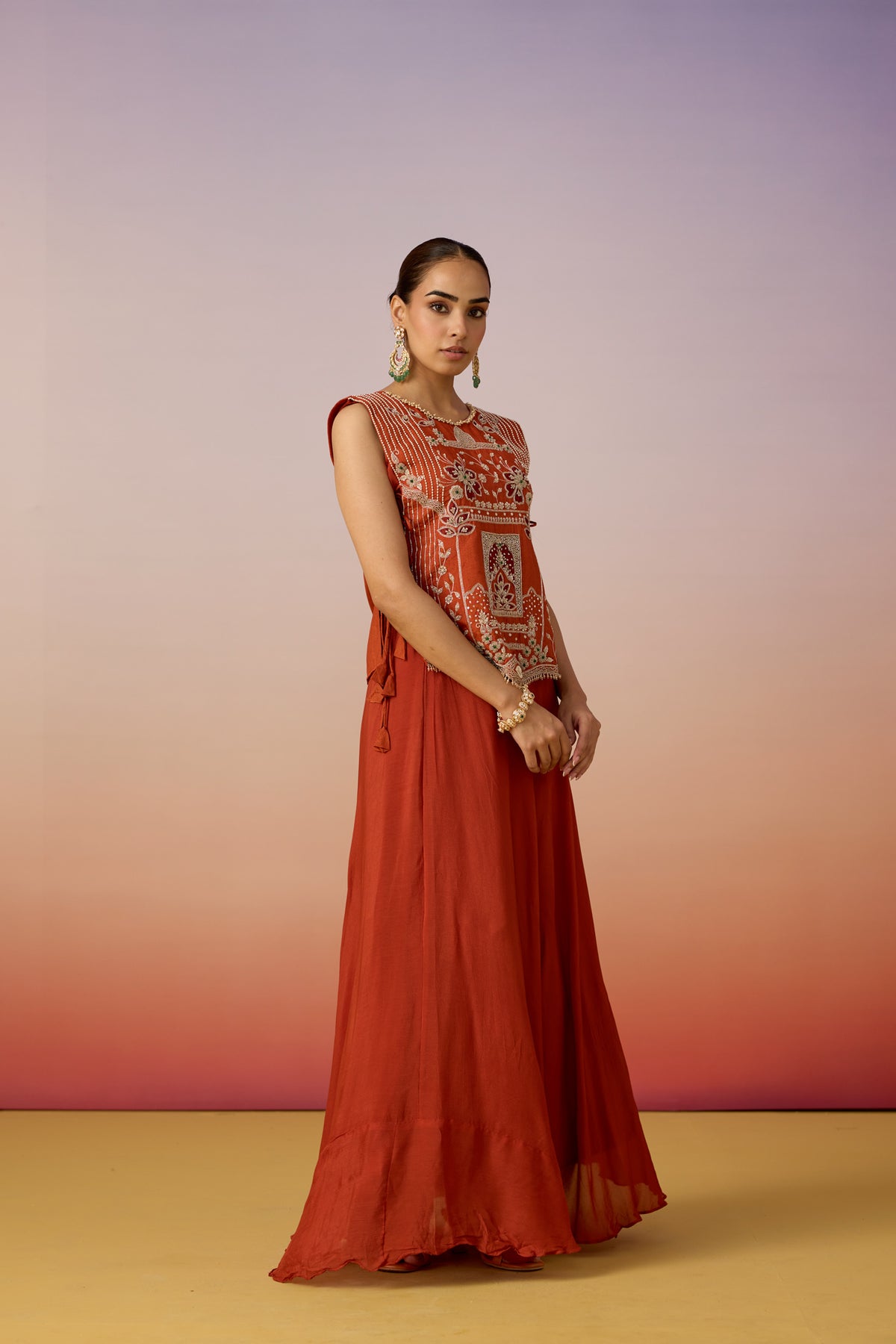 Bright Orange Embellished Tissue Silk Skirt Set