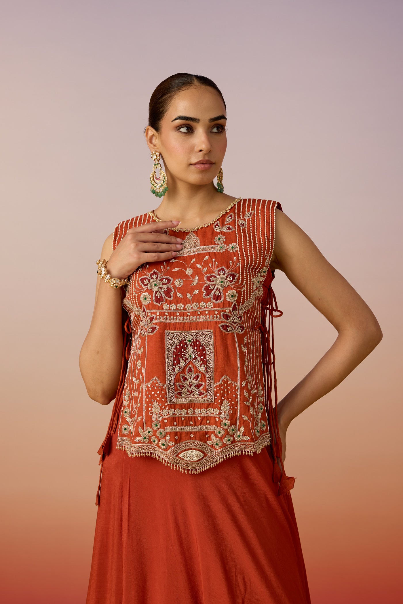 Bright Orange Embellished Tissue Silk Skirt Set
