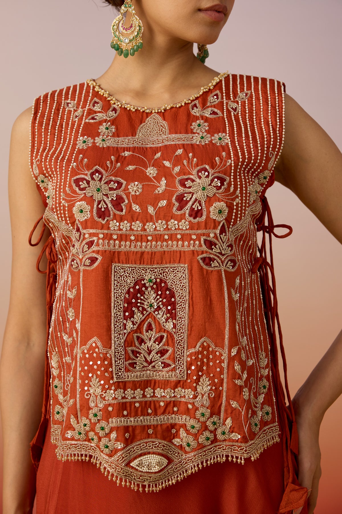 Bright Orange Embellished Tissue Silk Skirt Set