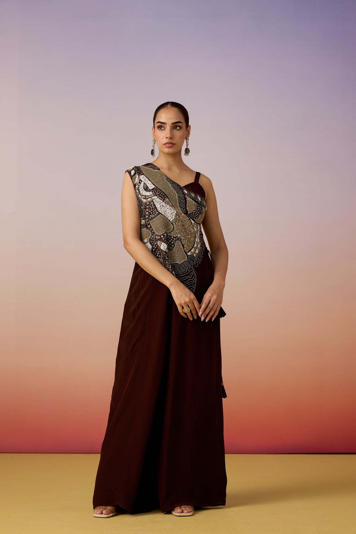 Espresso Embellished Crepe Silk Jumpsuit
