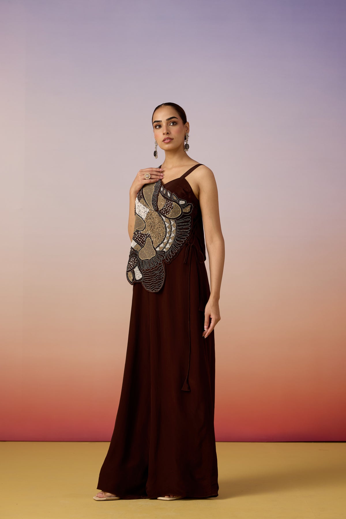 Espresso Embellished Crepe Silk Jumpsuit