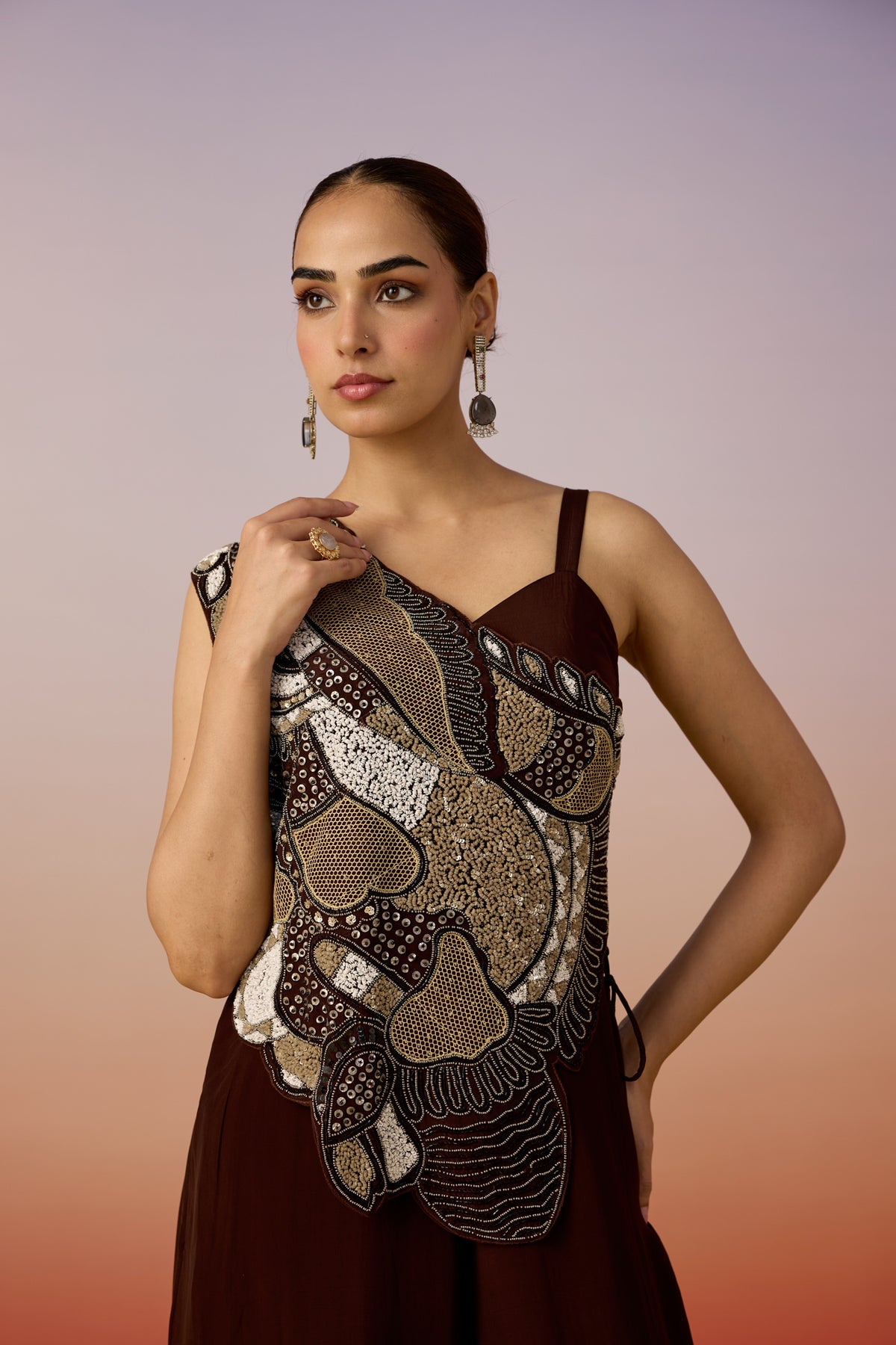 Espresso Embellished Crepe Silk Jumpsuit