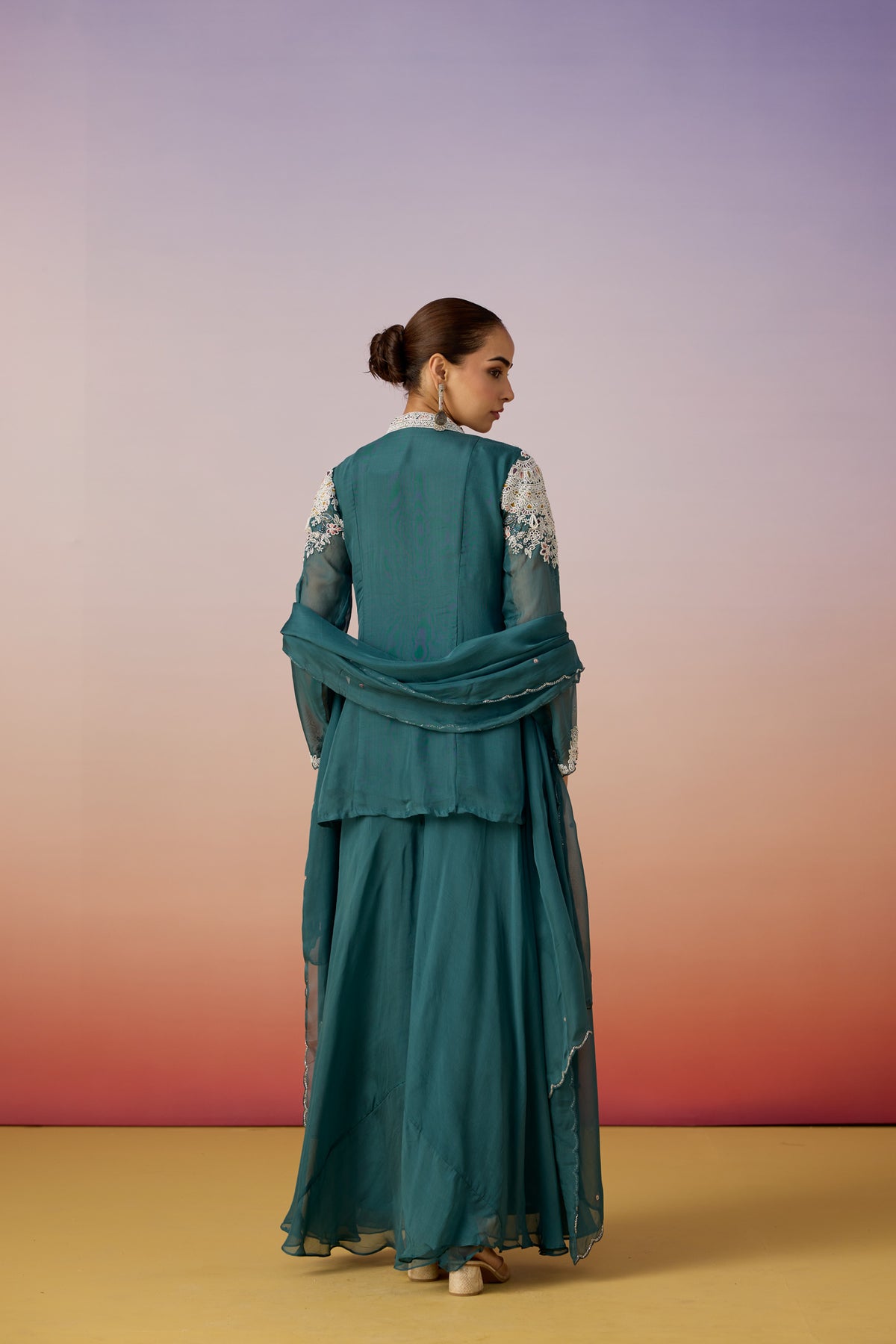Light Teal Embellished Organza Silk Palazzo Set
