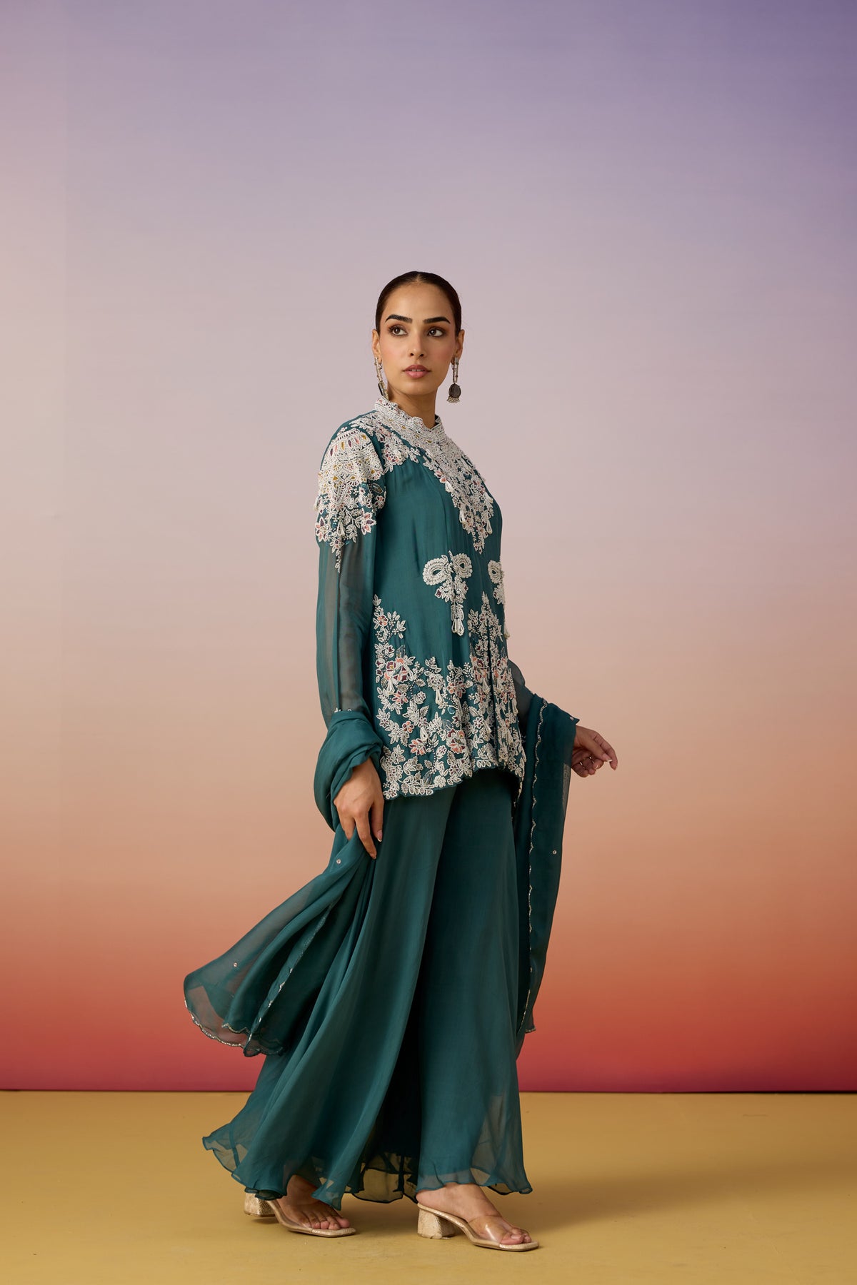 Light Teal Embellished Organza Silk Palazzo Set