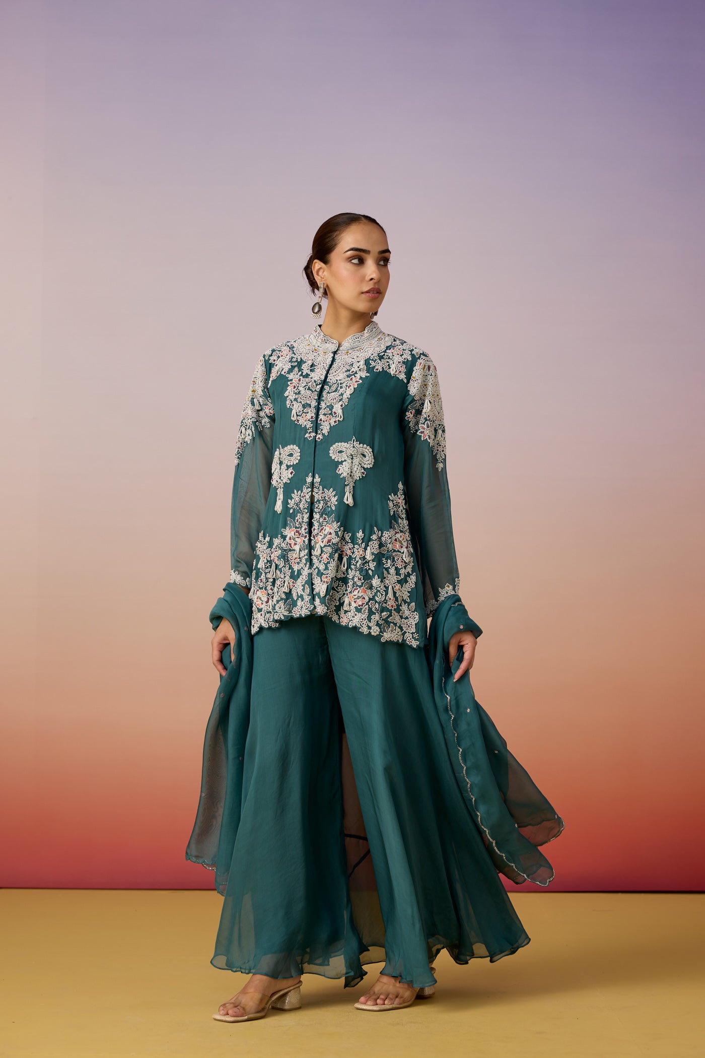Light Teal Embellished Organza Silk Palazzo Set