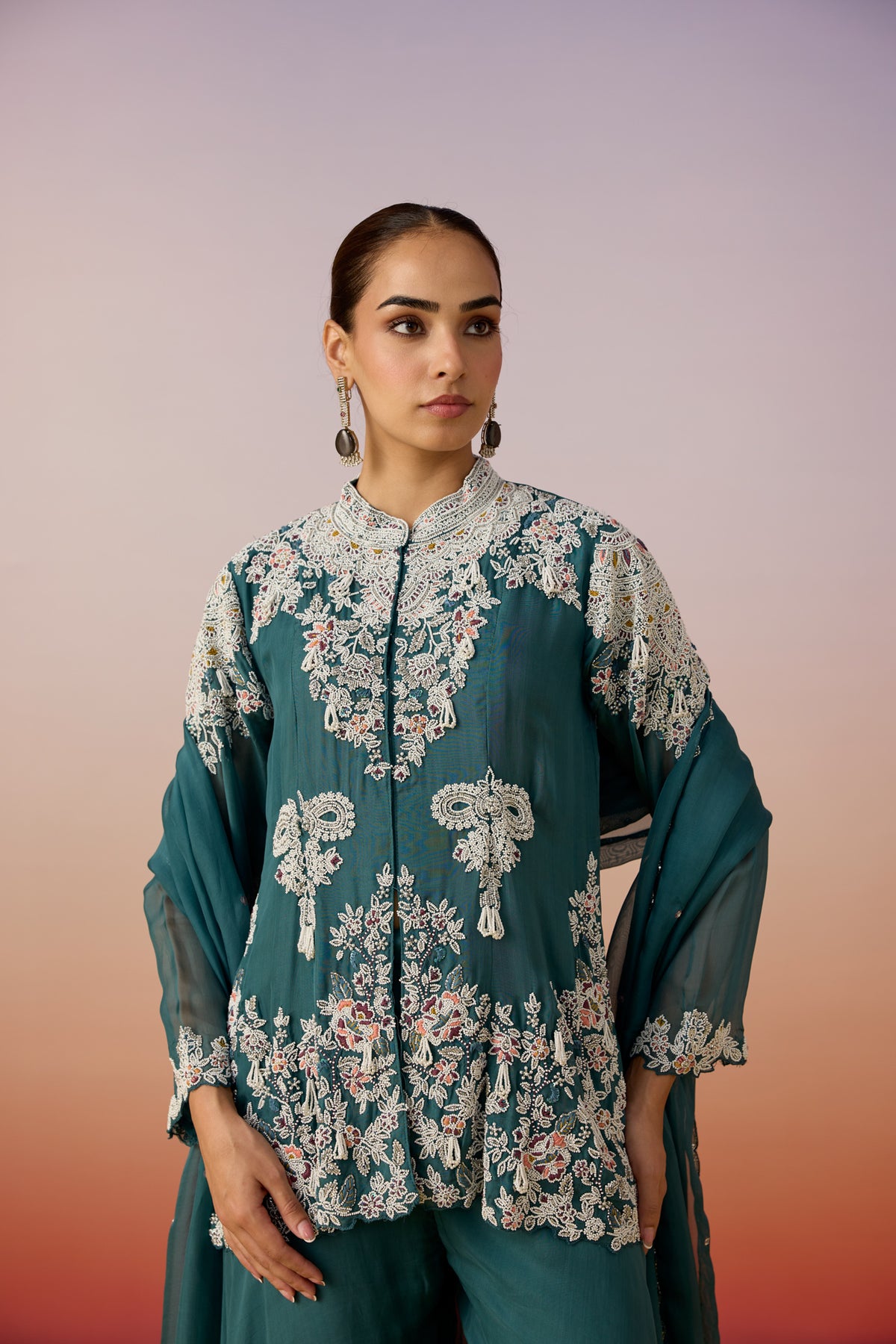 Light Teal Embellished Organza Silk Palazzo Set