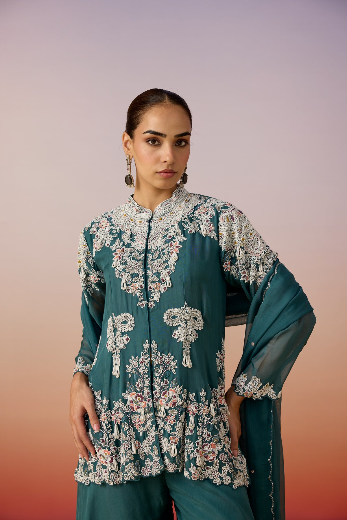 Light Teal Embellished Organza Silk Palazzo Set