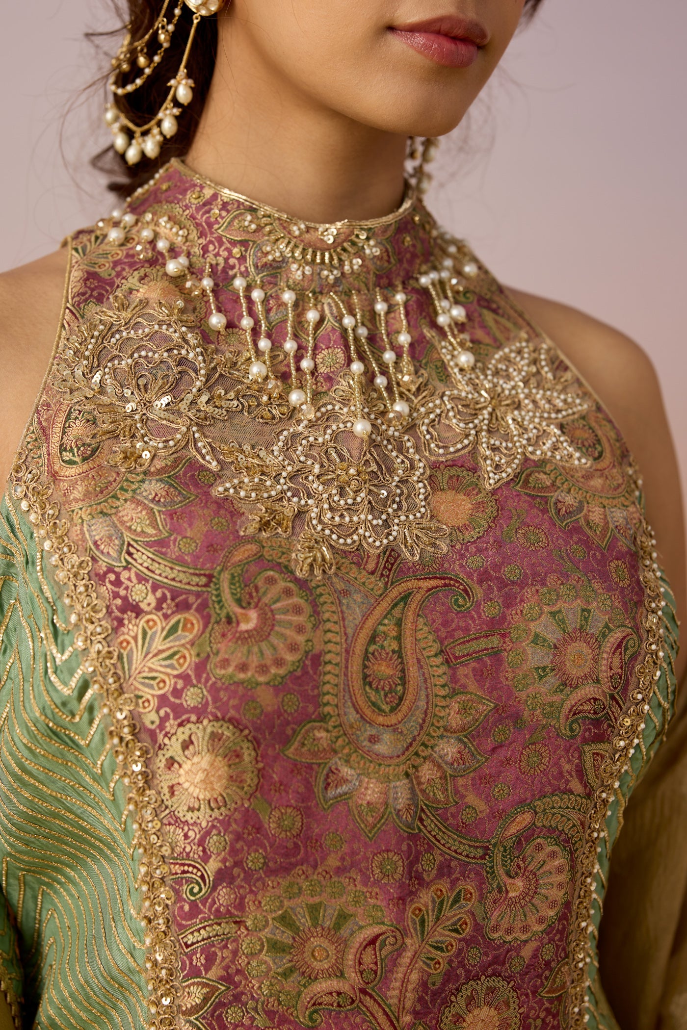 Mauve Mint Embellished Premium Silk Pant Set