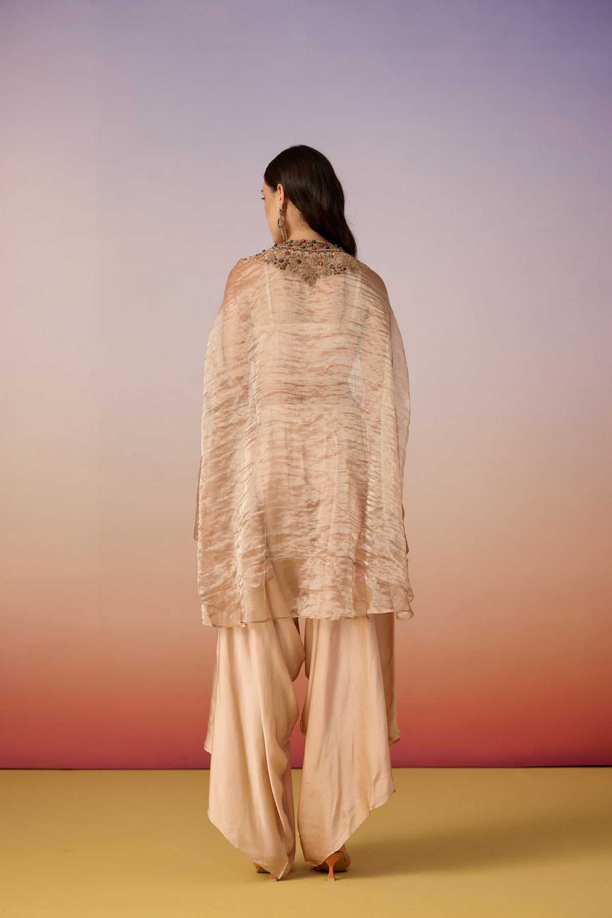 Peach Beige Embellished Shimmer Tissue Silk Co-Ord Set