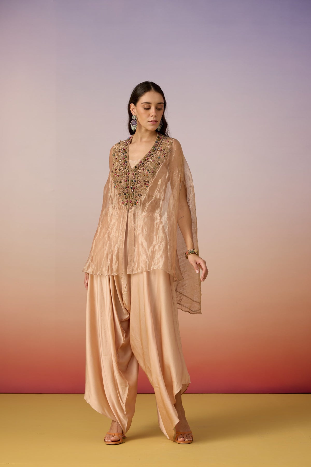 Peach Beige Embellished Shimmer Tissue Silk Co-Ord Set
