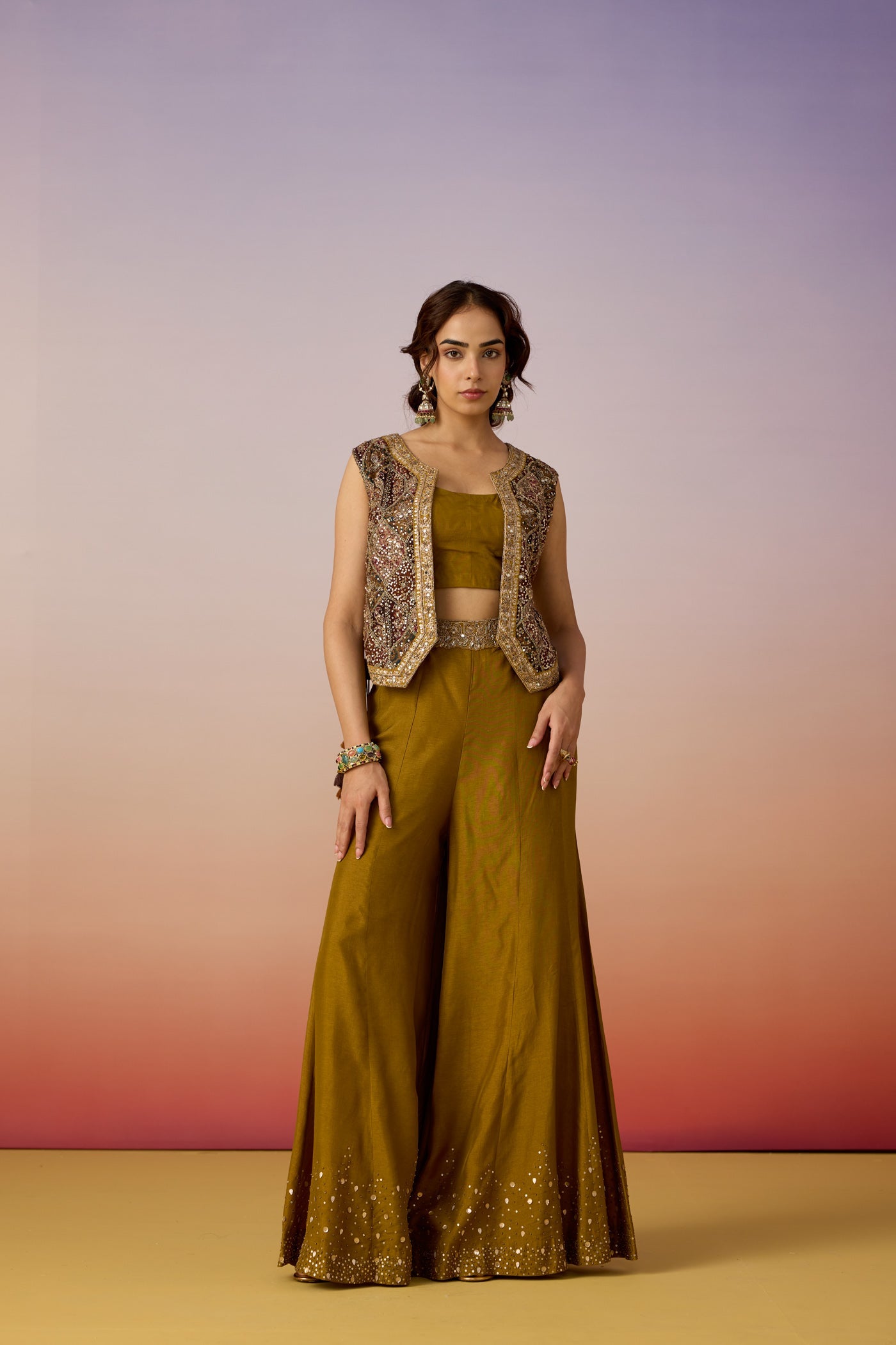 Olive Green Embellished Premium Silk Palazzo Set