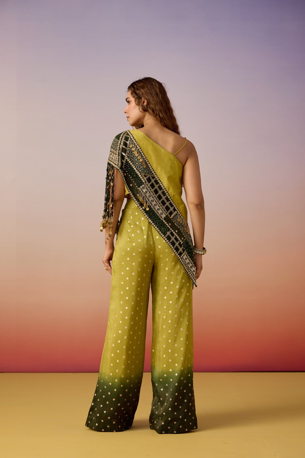 Forest Green Ombre Embellished Raw Silk Co-Ord Set