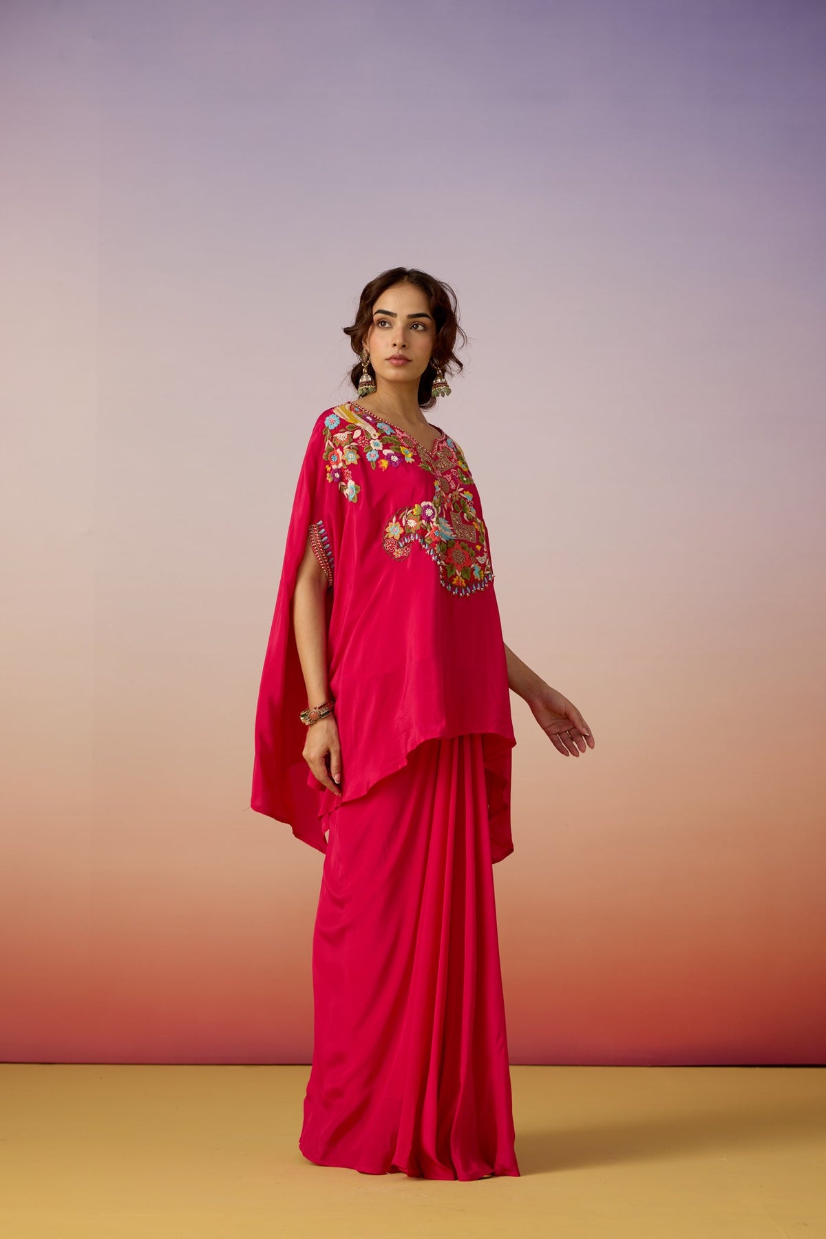 Magenta Solid Embroidered Chinon Silk Kaftan Set