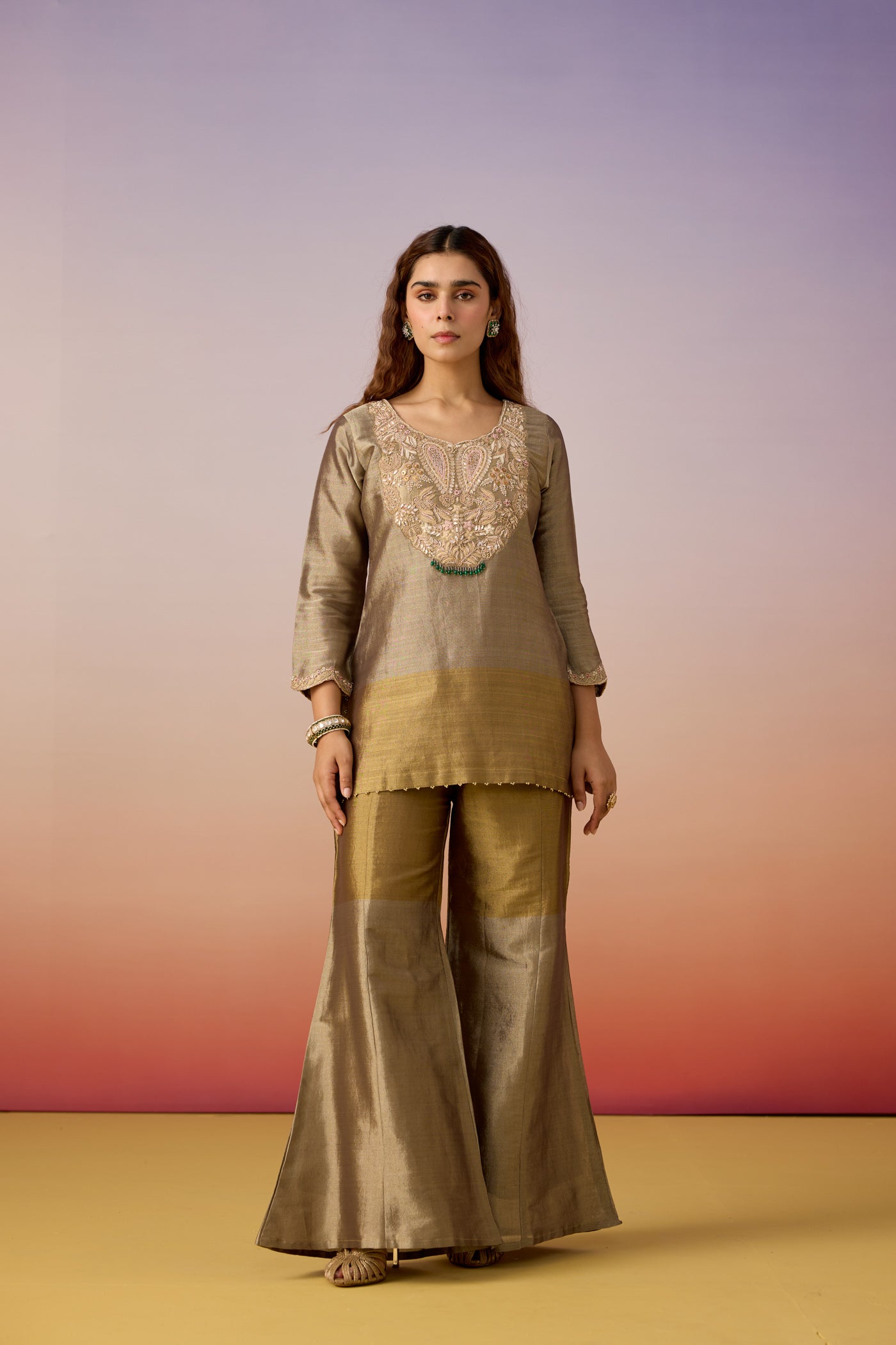 Champagne Noor Embellished Tissue Silk Palazzo Set