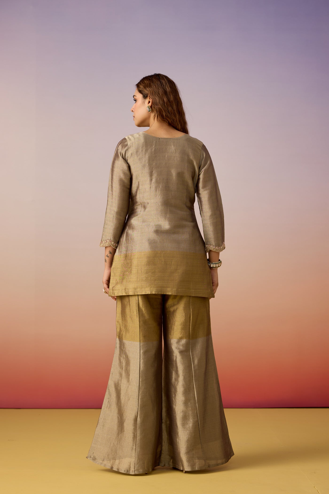 Champagne Noor Embellished Tissue Silk Palazzo Set