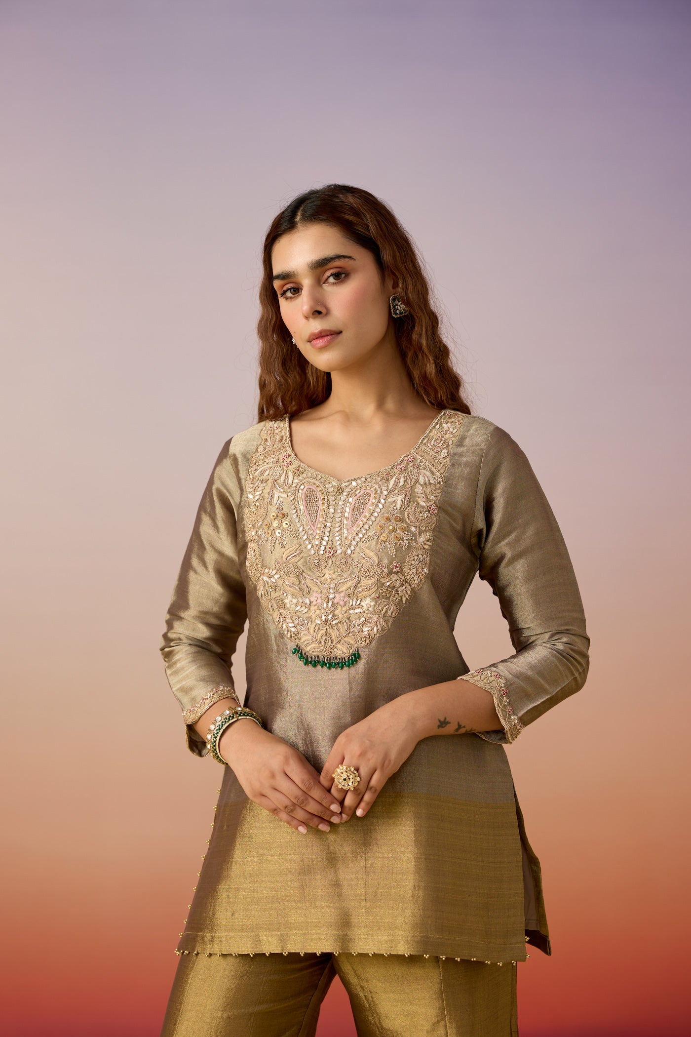 Champagne Noor Embellished Tissue Silk Palazzo Set