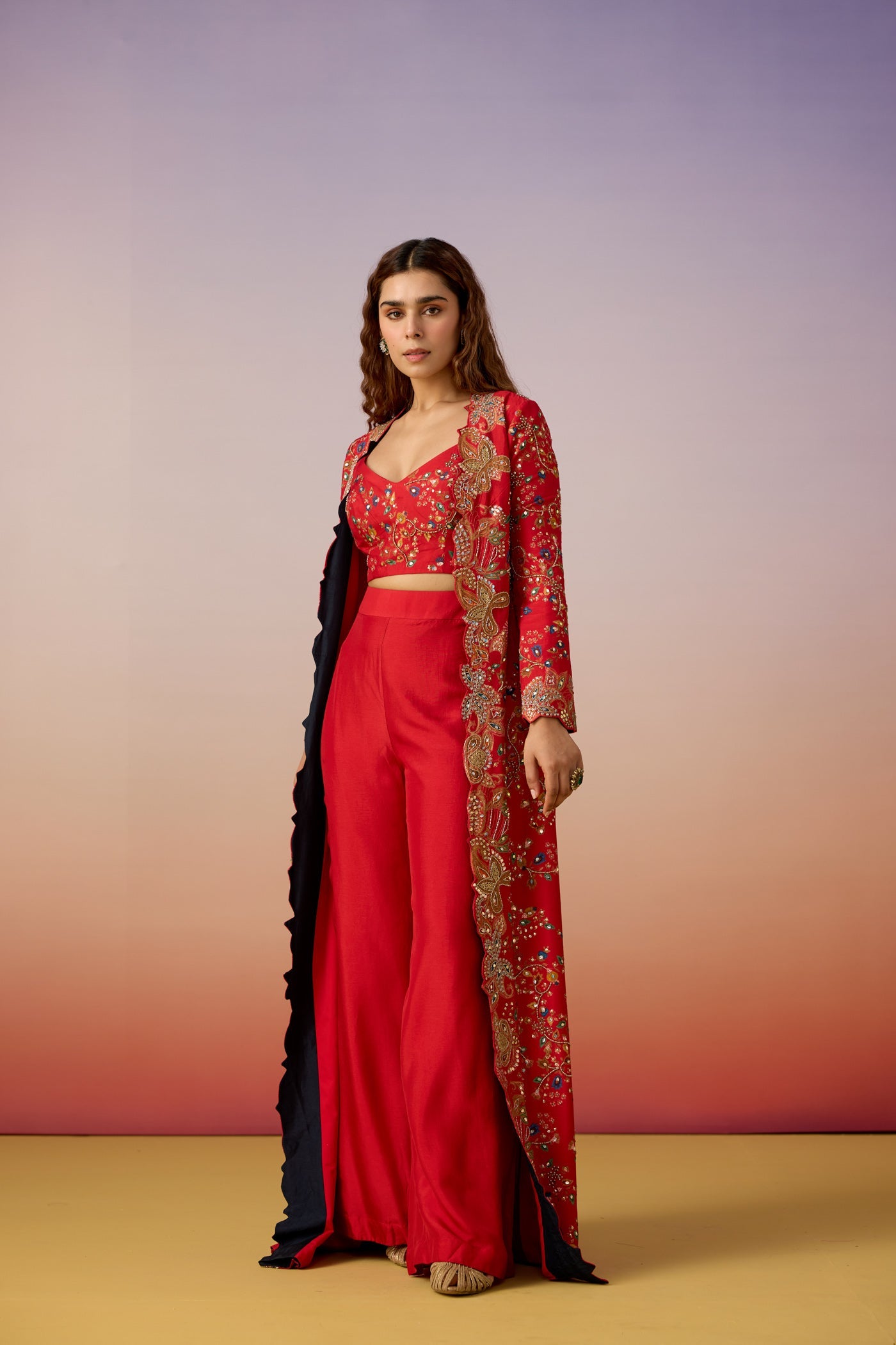Classic Red Embellished Raw Silk Cape Palazzo Set