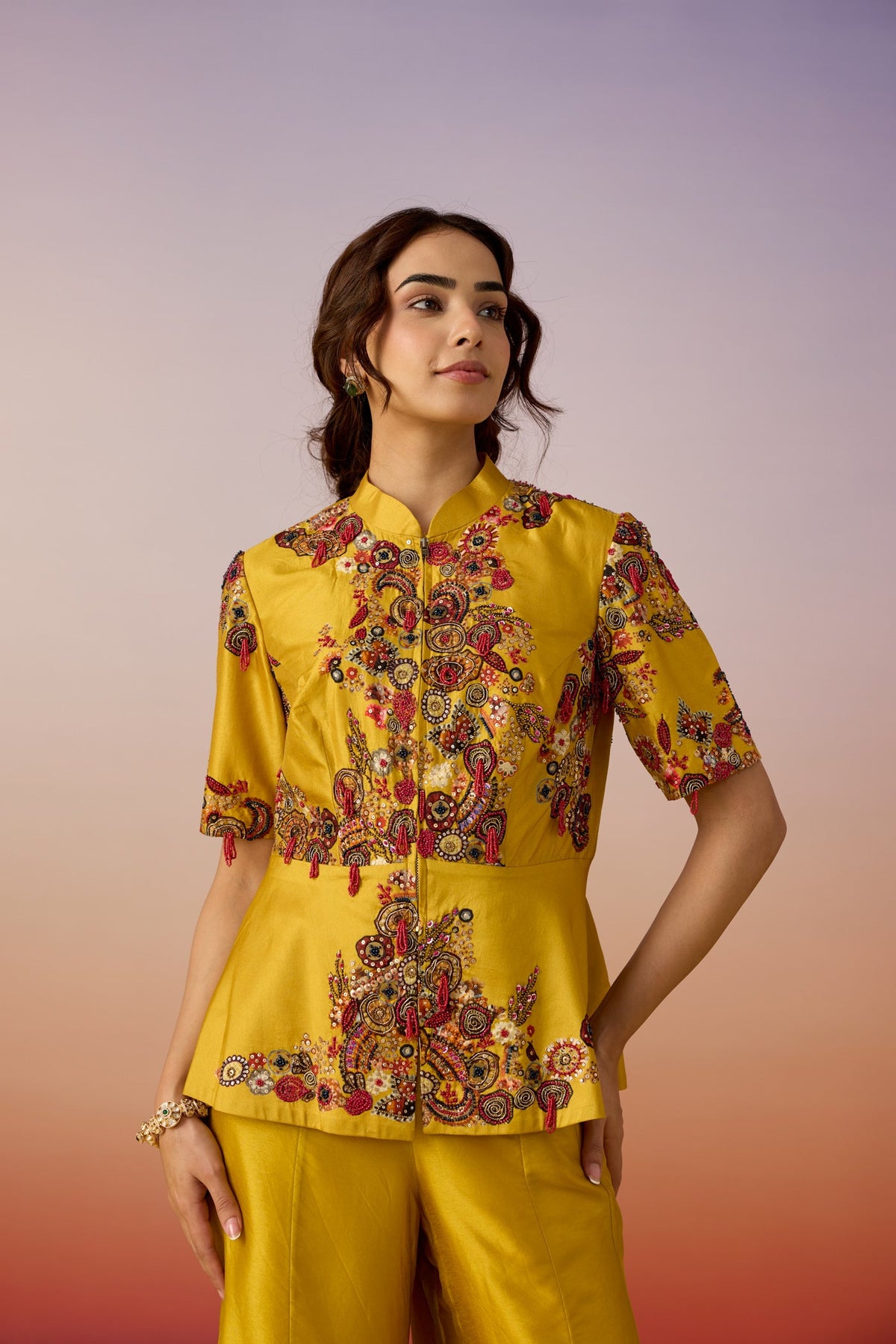 Antique Yellow Embellished Premium Silk Palazzo Set
