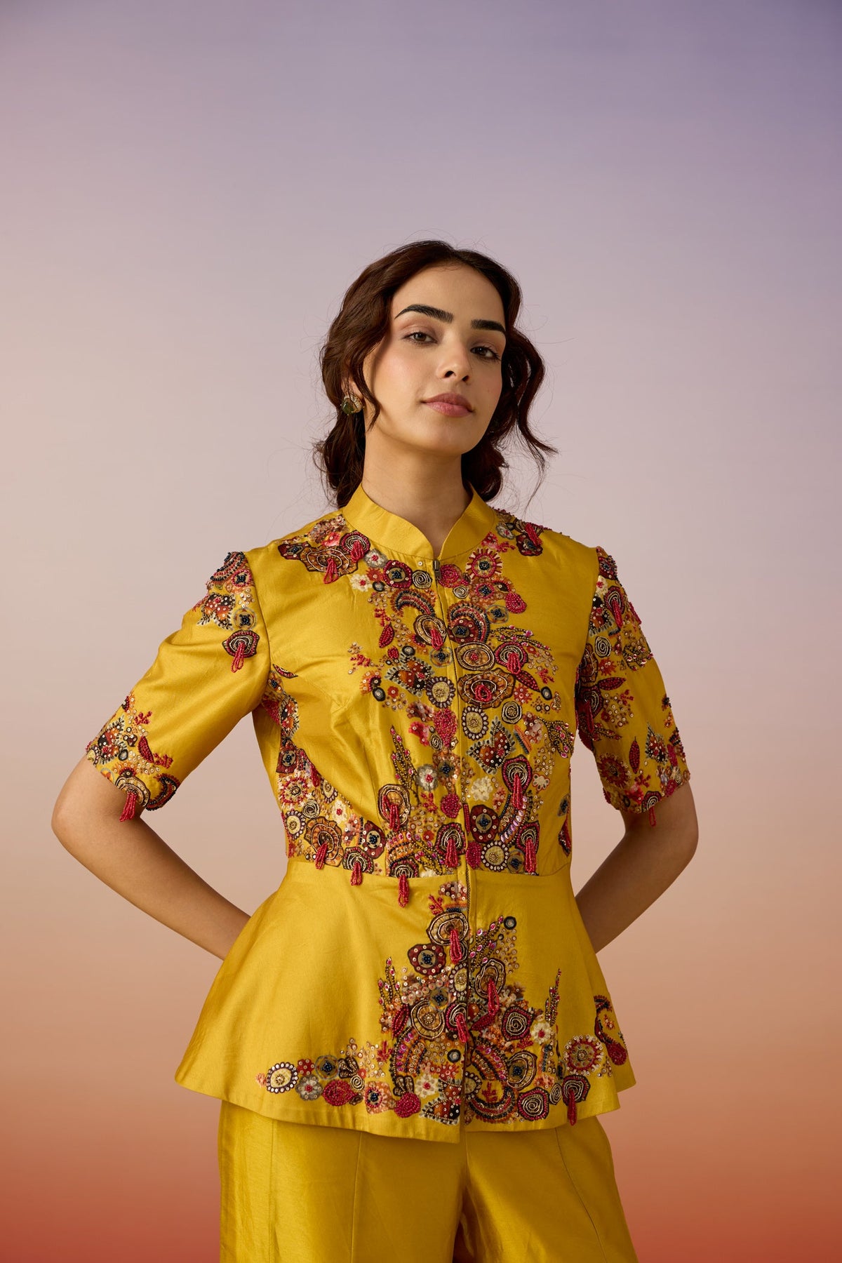 Antique Yellow Embellished Premium Silk Palazzo Set