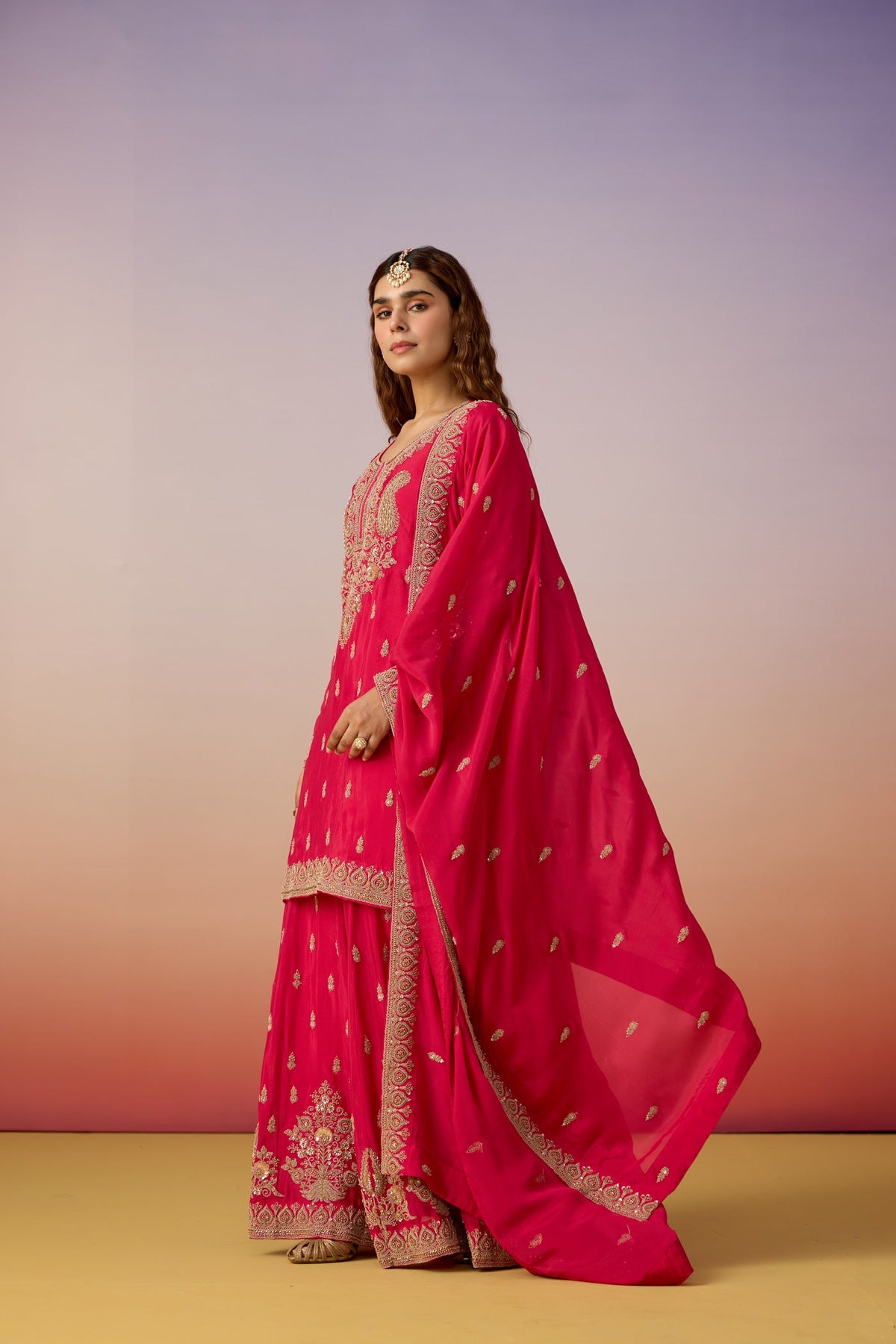 Rani Pink Embellished Chinon Silk Sharara Set