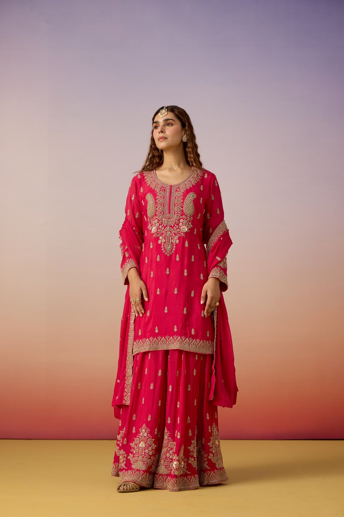 Rani Pink Embellished Chinon Silk Sharara Set