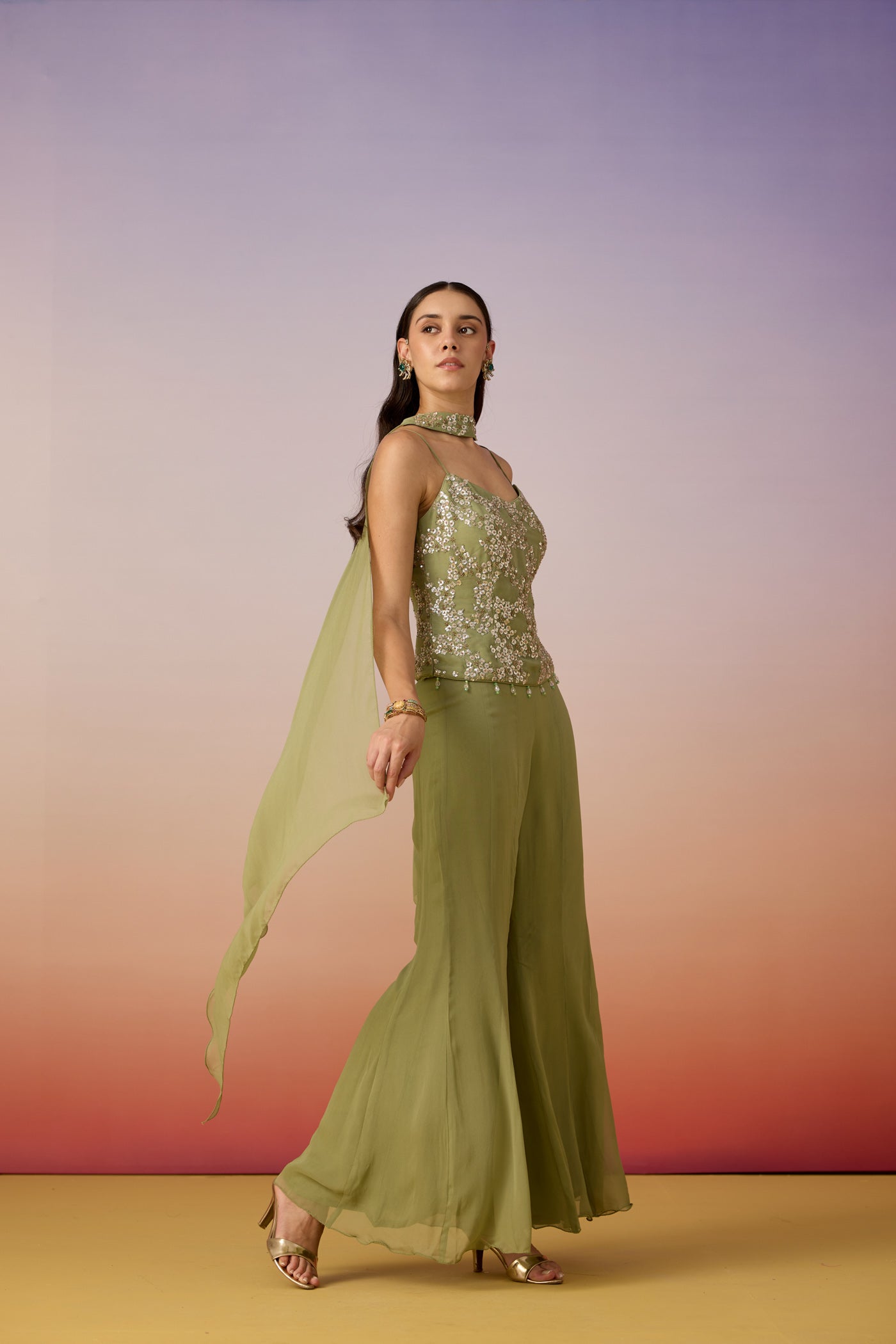 Green Pista Embellished Georgette Silk Palazzo Set