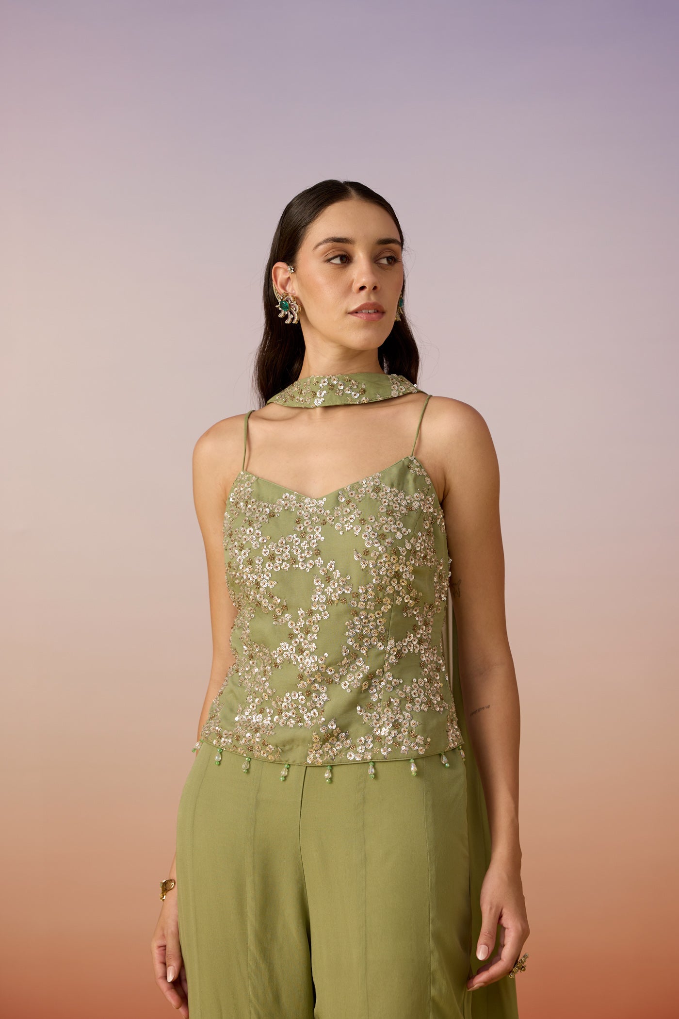 Green Pista Embellished Georgette Silk Palazzo Set