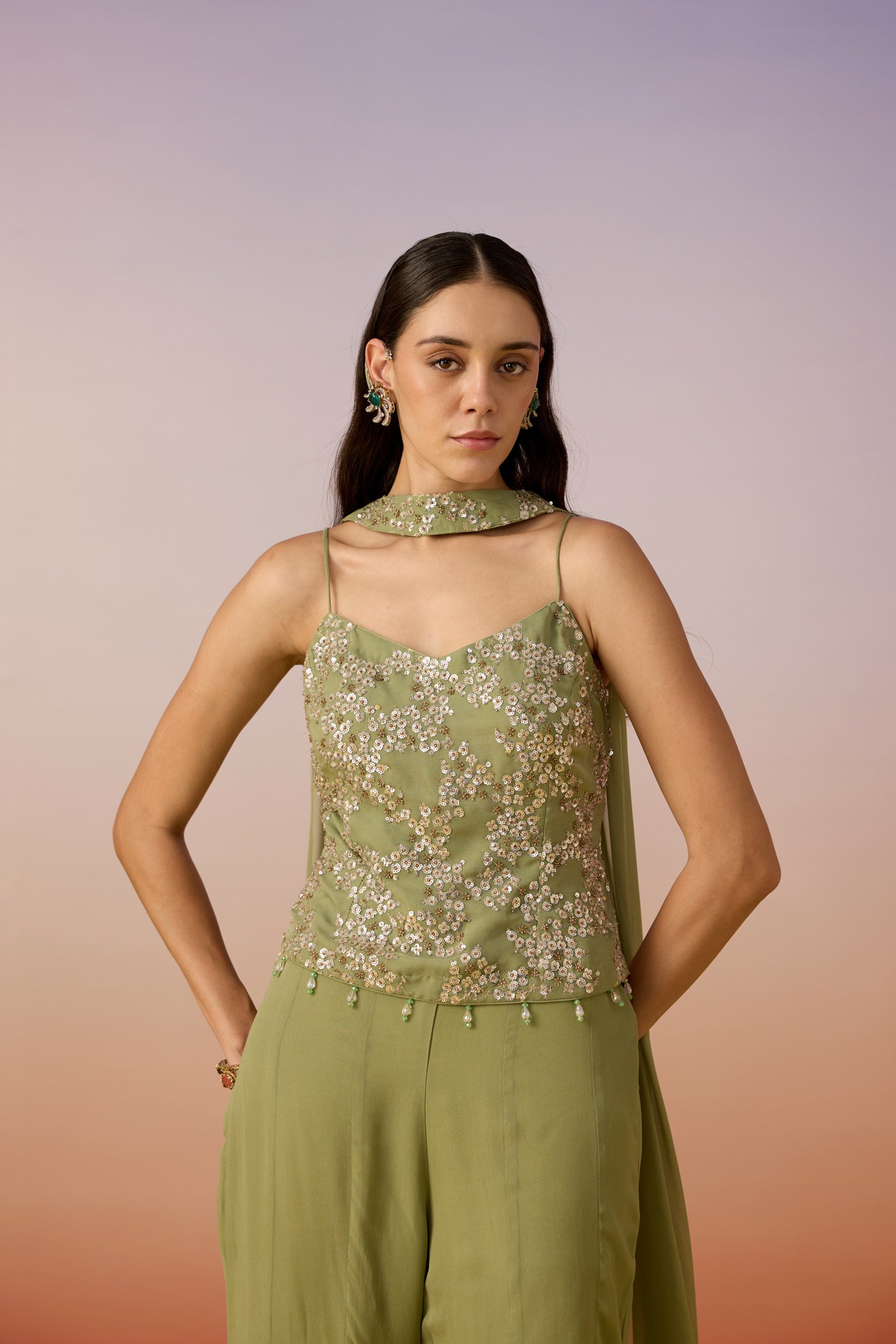 Green Pista Embellished Georgette Silk Palazzo Set