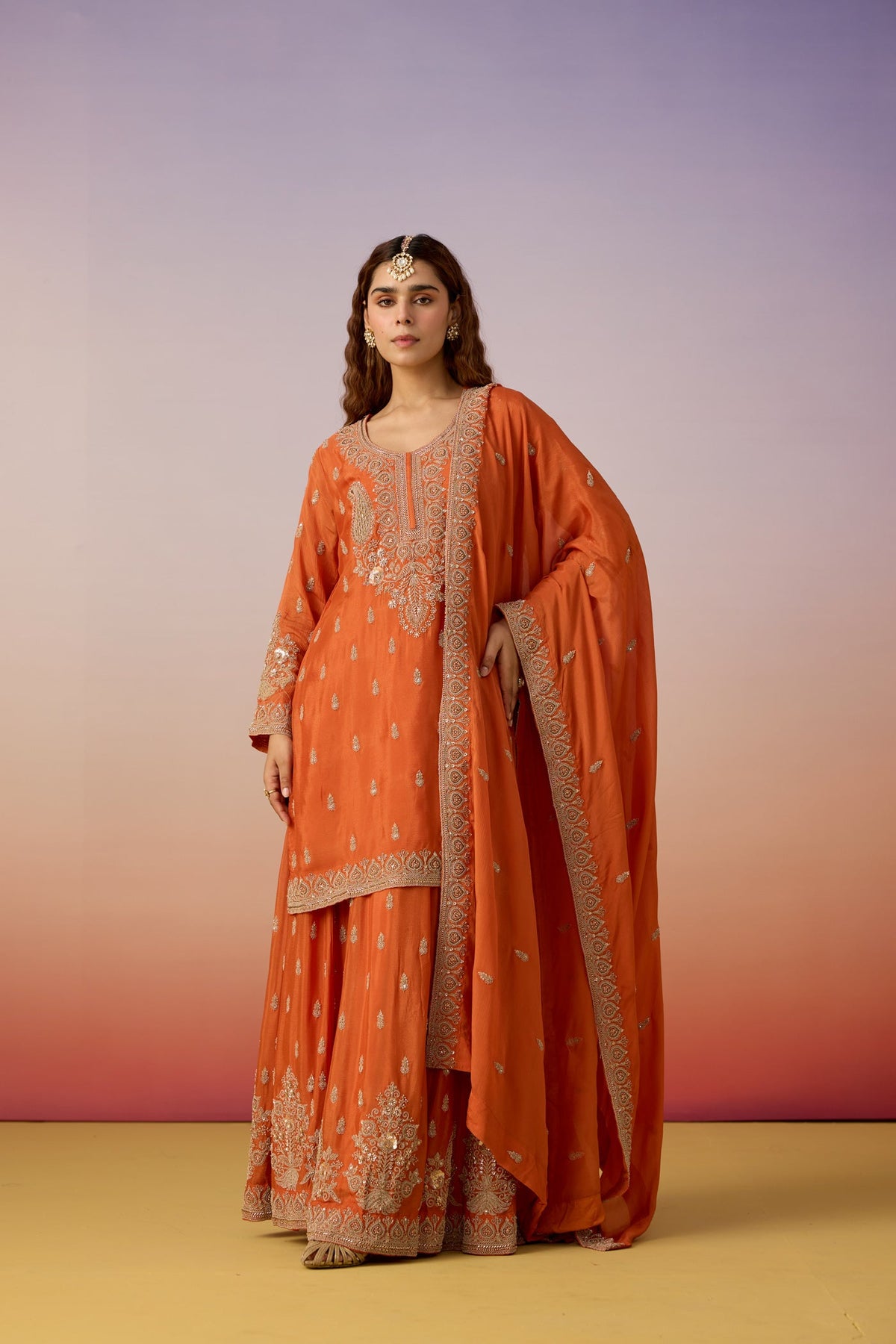Burnt Orange Embellished Chinon Silk Skirt Set