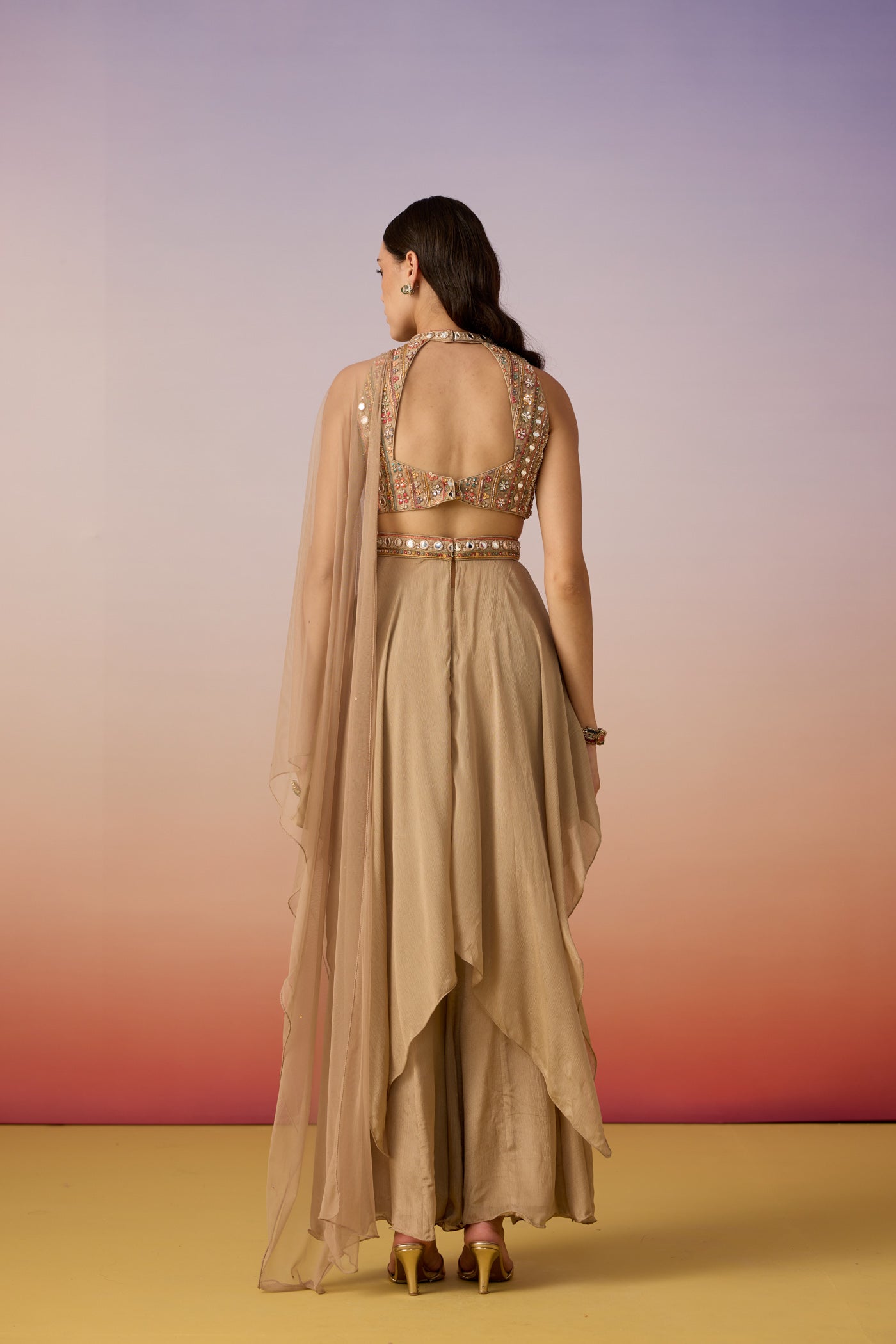 Deep Beige Embellished Chinon Silk Palazzo Set