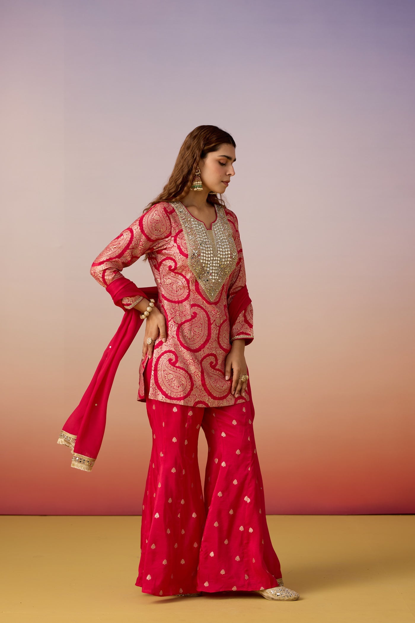 Mulberry Pink Embellished  Brocade Silk Palazzo Set