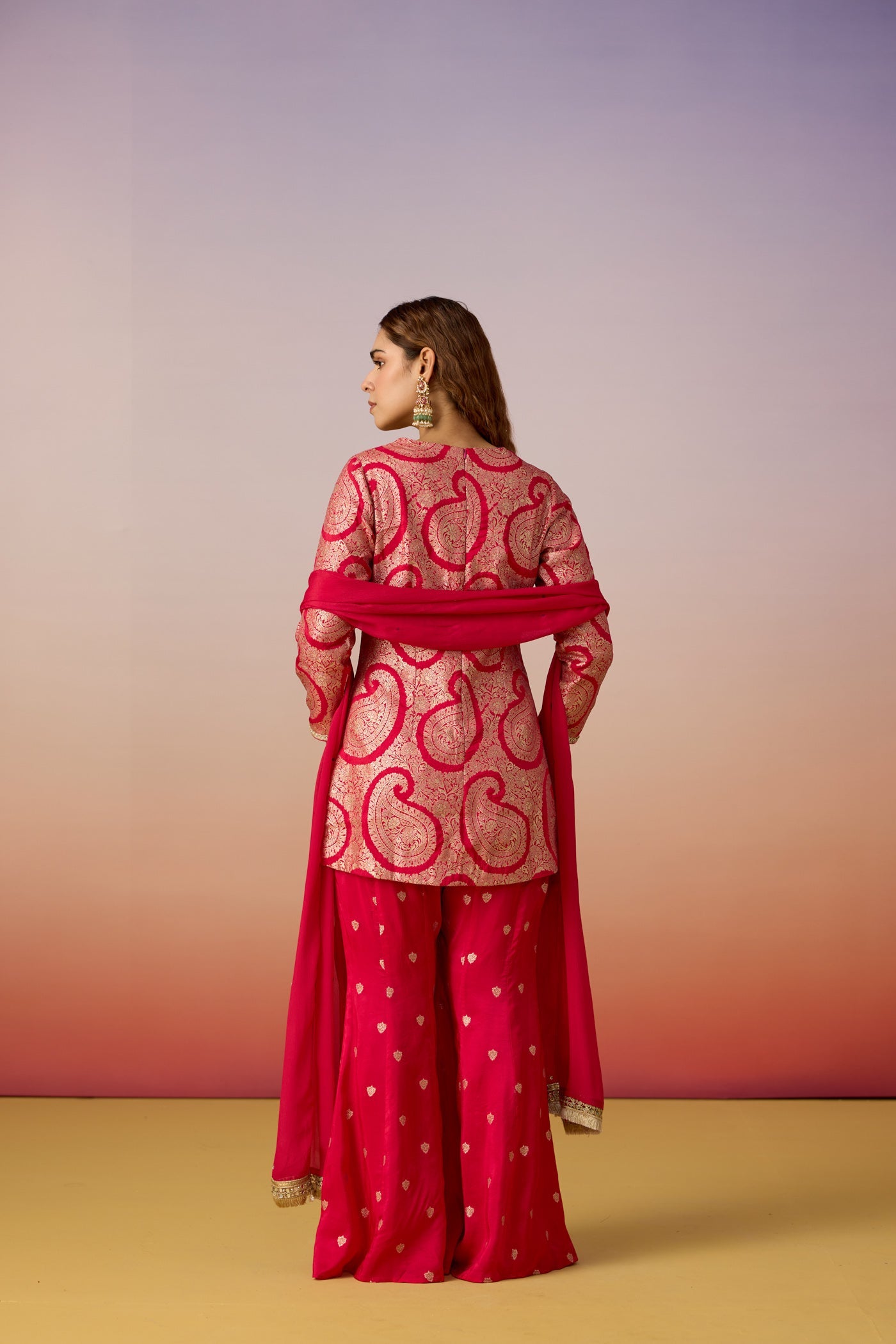 Mulberry Pink Embellished  Brocade Silk Palazzo Set