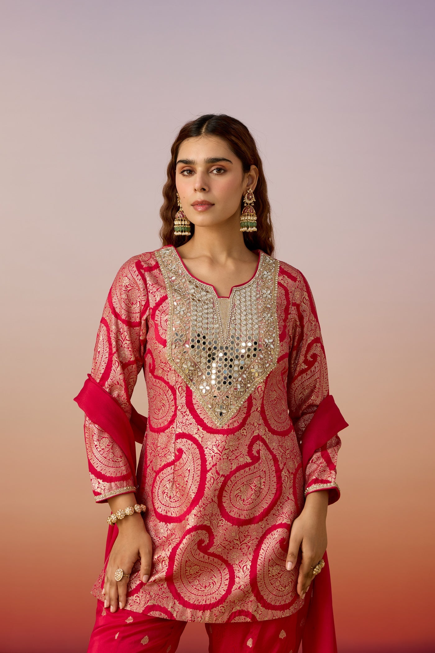 Mulberry Pink Embellished  Brocade Silk Palazzo Set