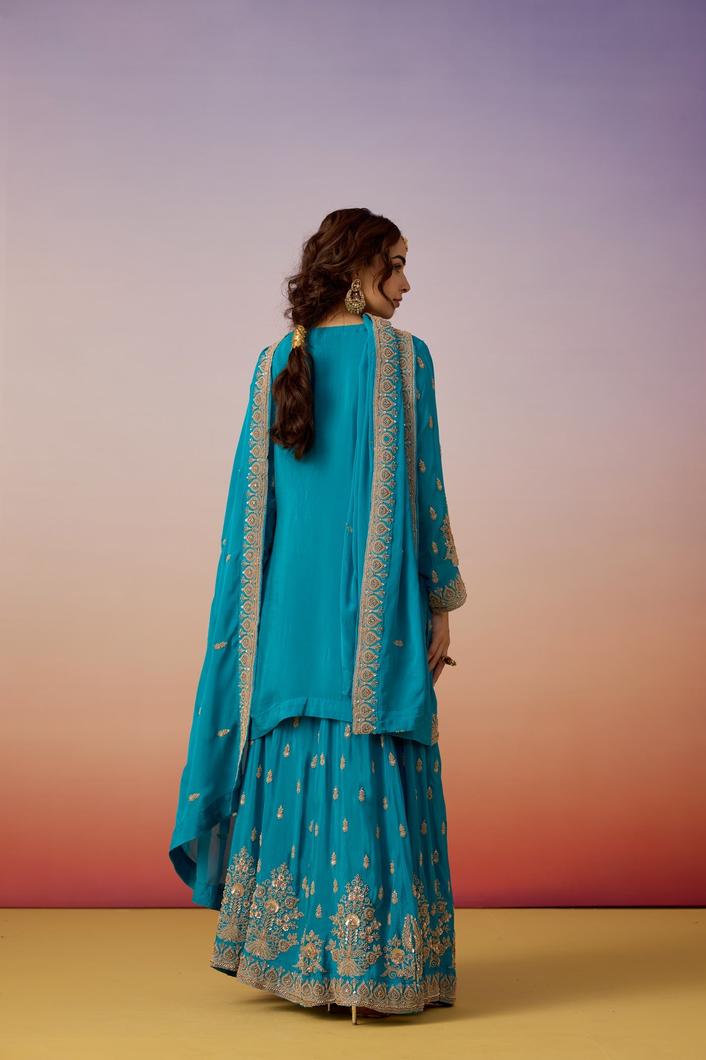 Turquoise Blue Embellished Chinon Silk Sharara Set