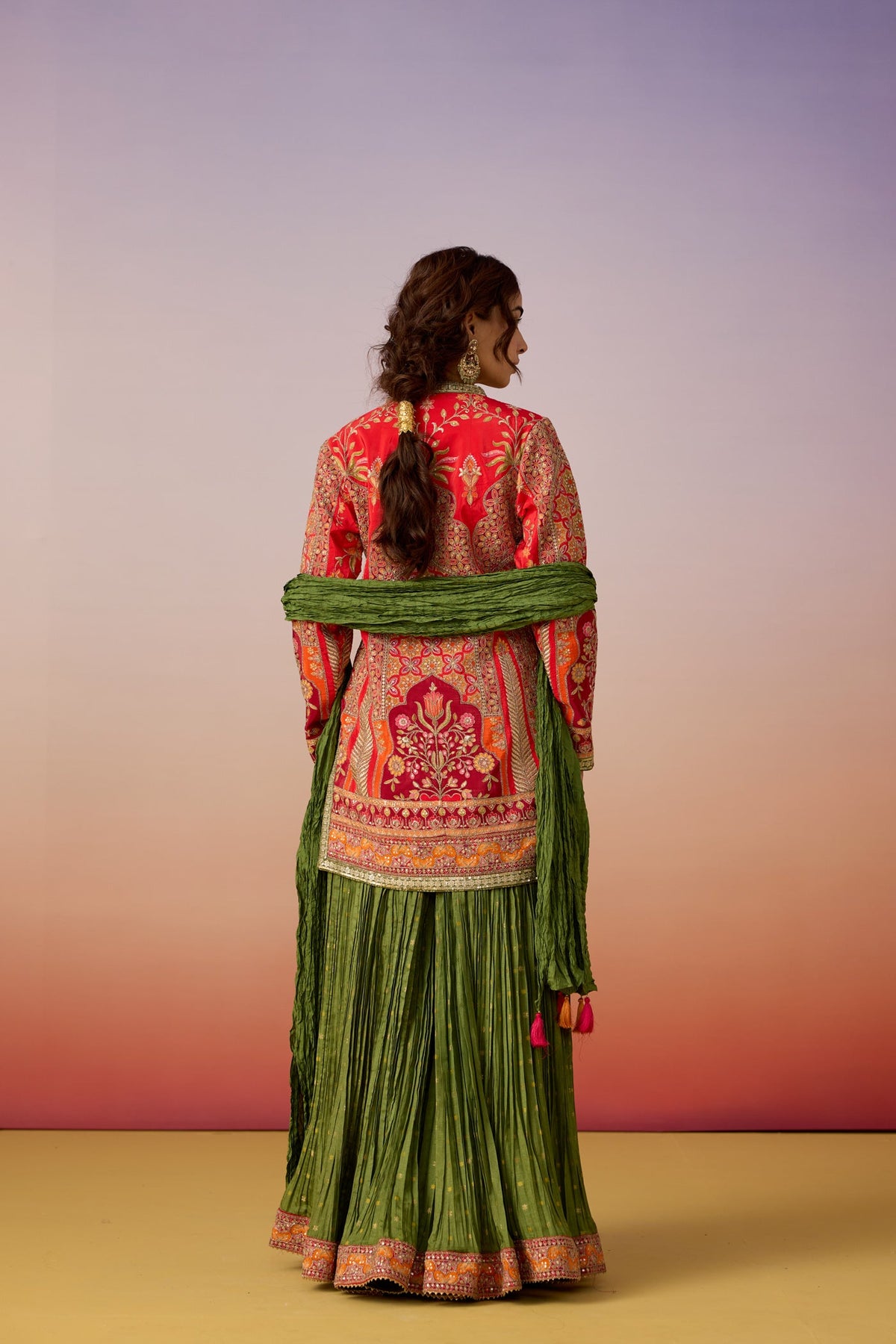 Coral Celadon Embellished Premium Silk Sharara Set