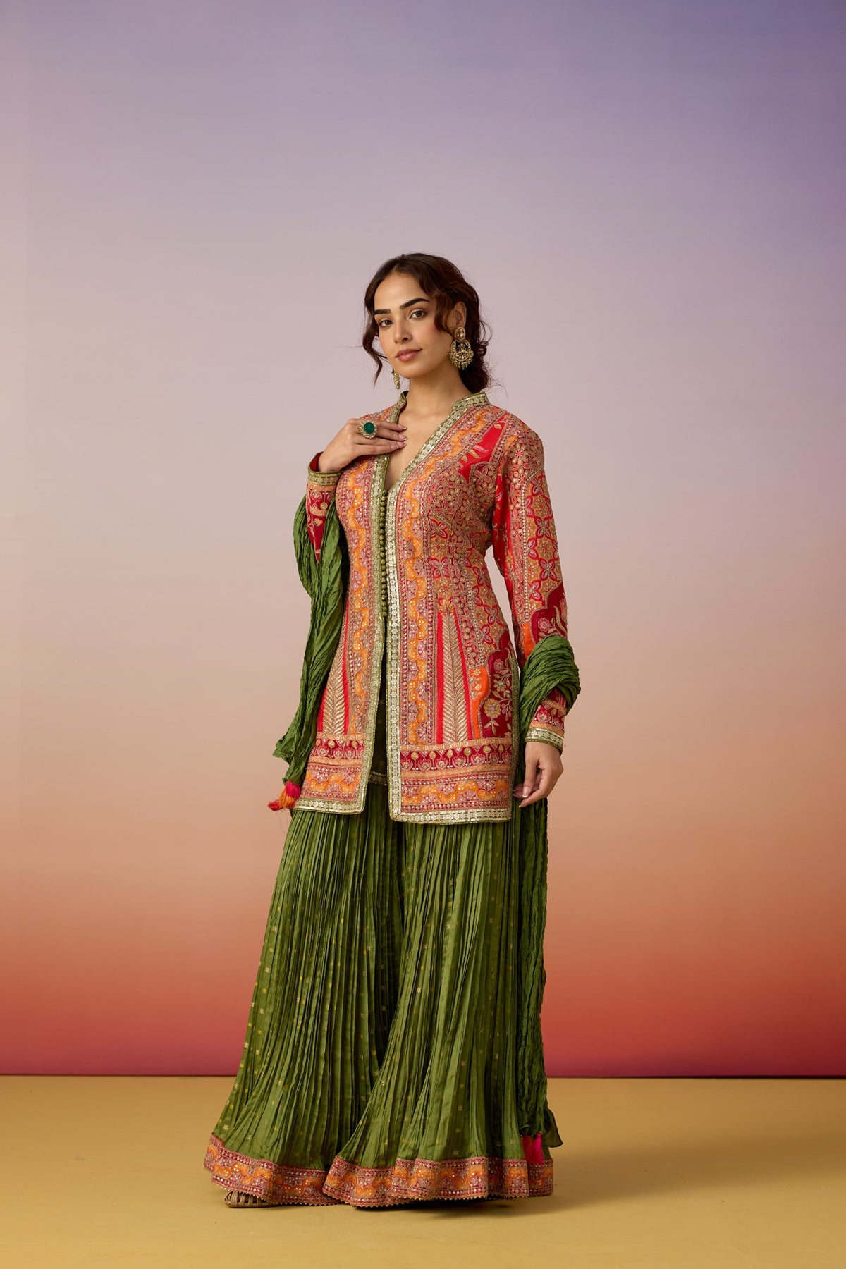Coral Celadon Embellished Premium Silk Sharara Set
