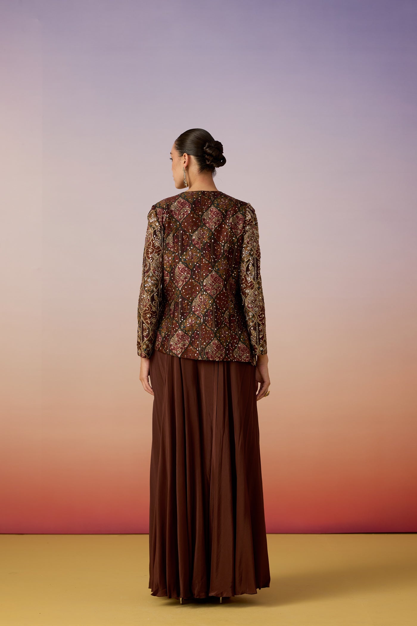 Chocolate Brown Embellished Chinon Silk Palazzo Set