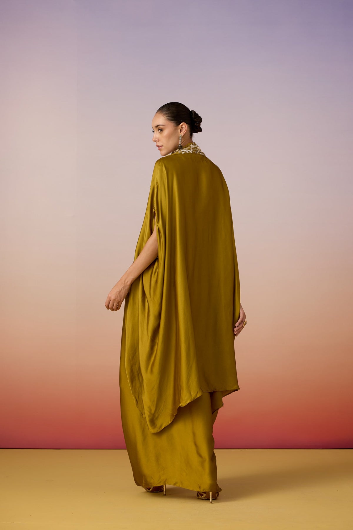 Olive Green Embellished Crepe Silk Kaftan Set