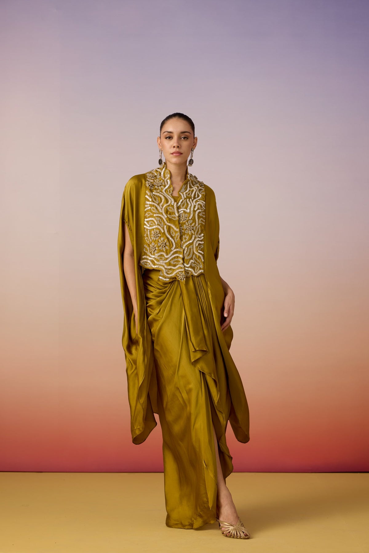 Olive Green Embellished Crepe Silk Kaftan Set