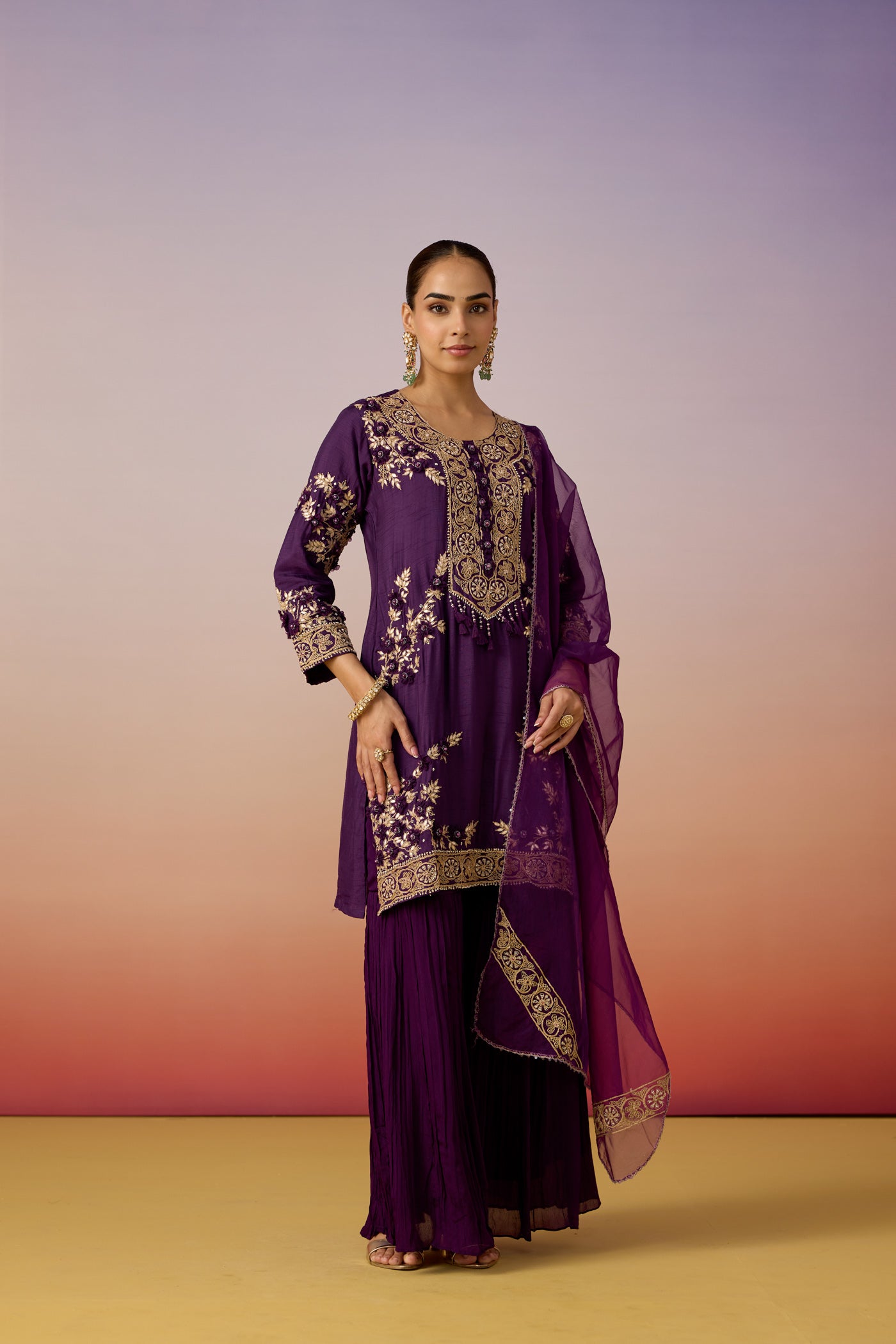 Deep Violet Embellished Premium Silk Sharara Set