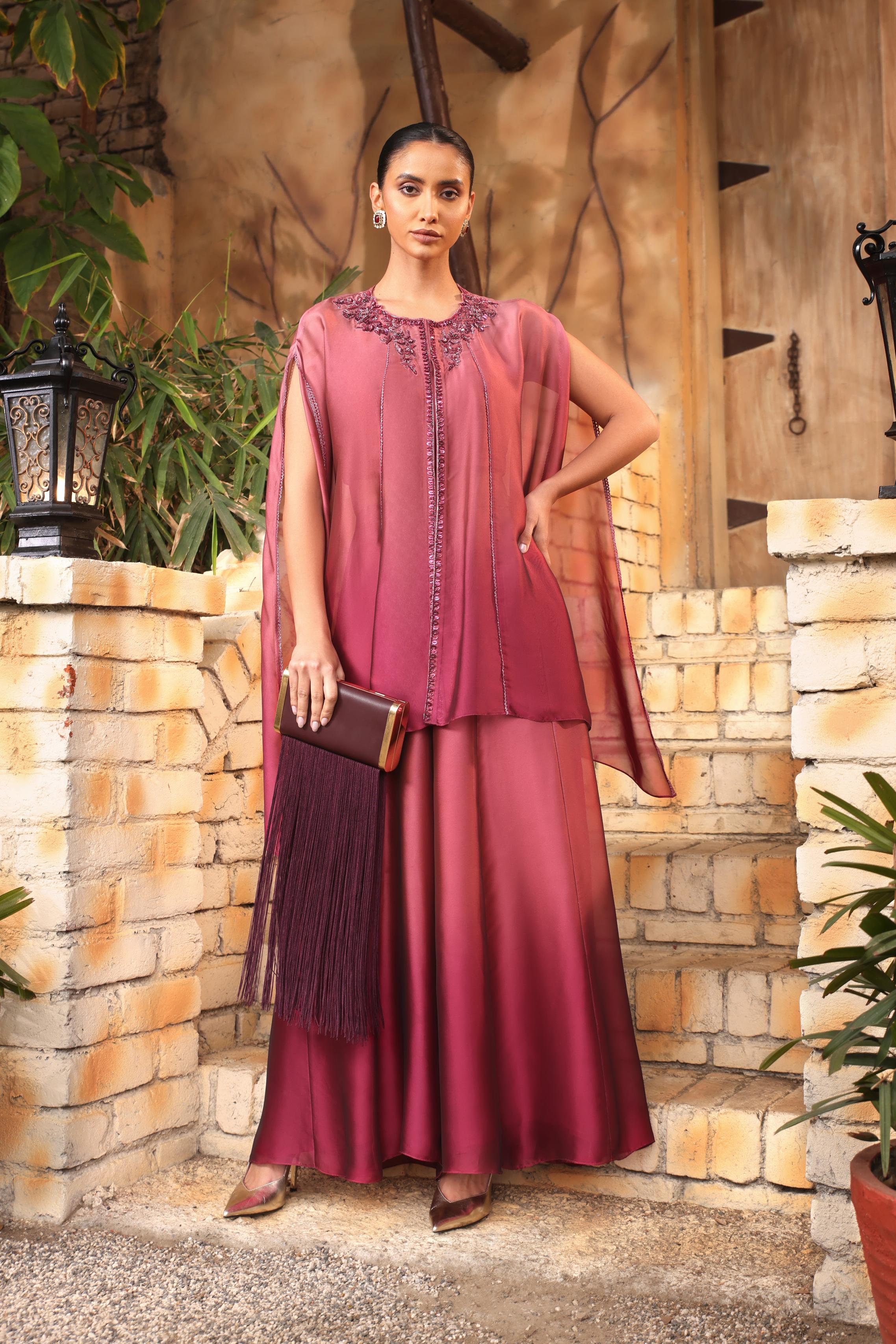Blush Maroon Ombre-Dyed Satin Silk Cape Set