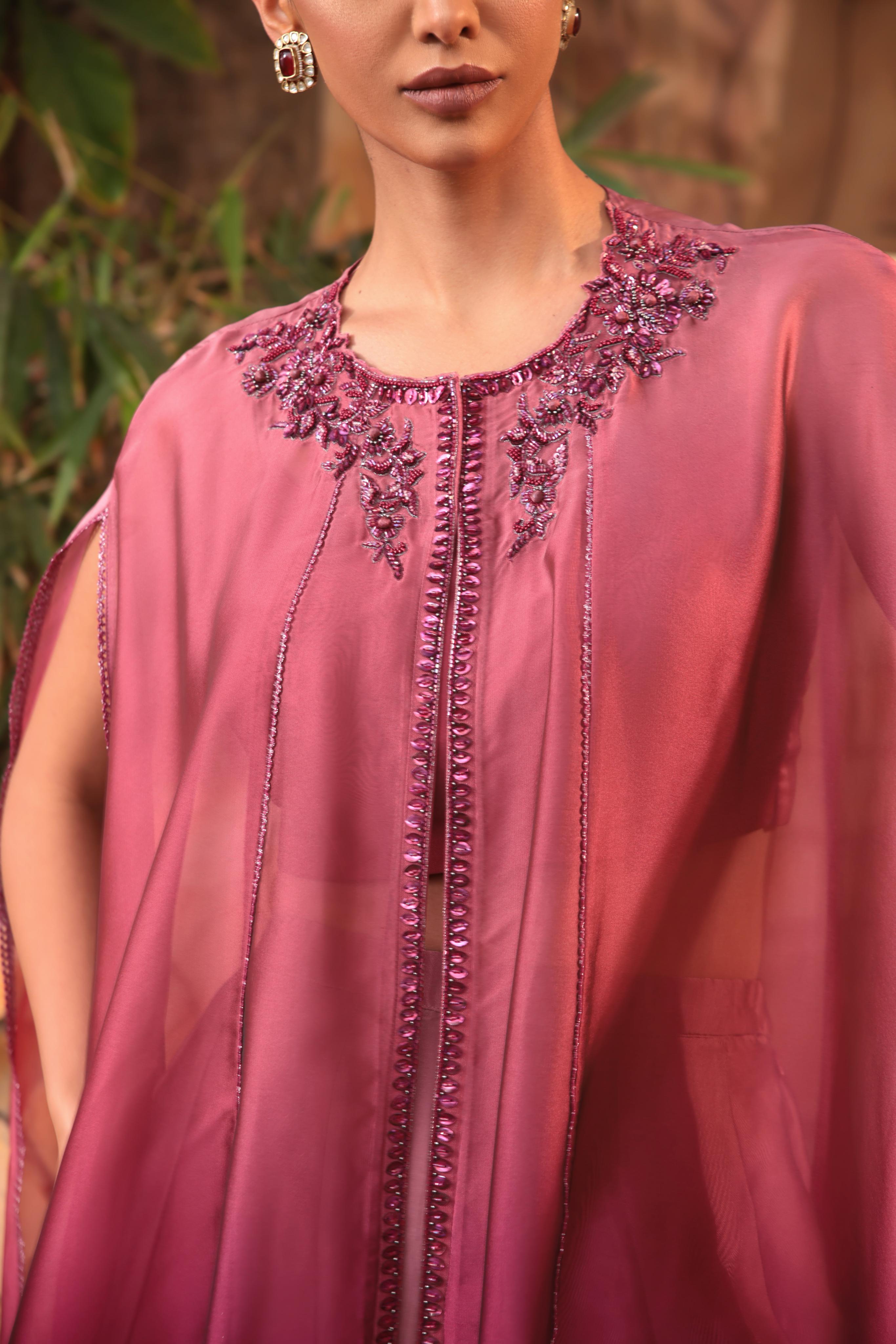 Blush Maroon Ombre-Dyed Satin Silk Cape Set