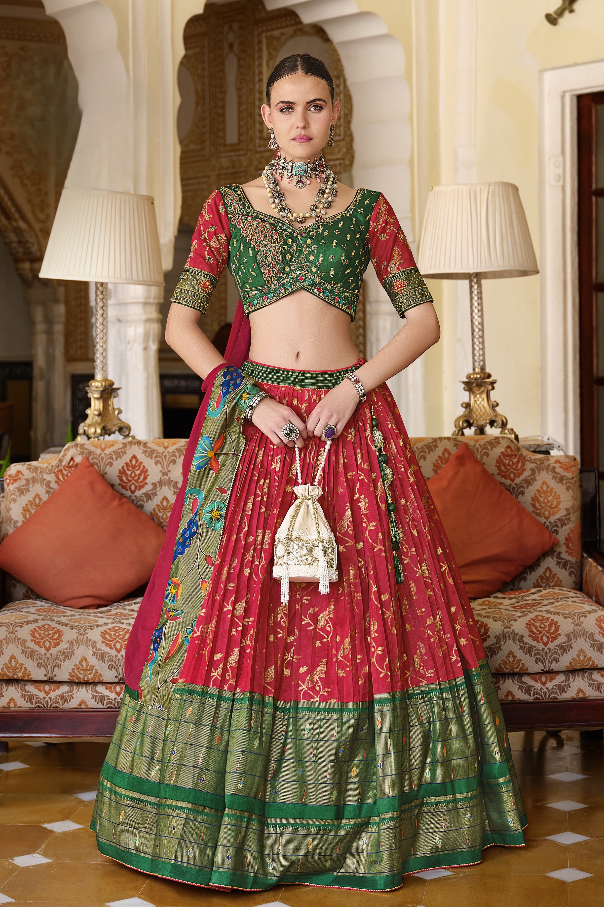 Red Floral Printed Premium Silk Lehenga Set