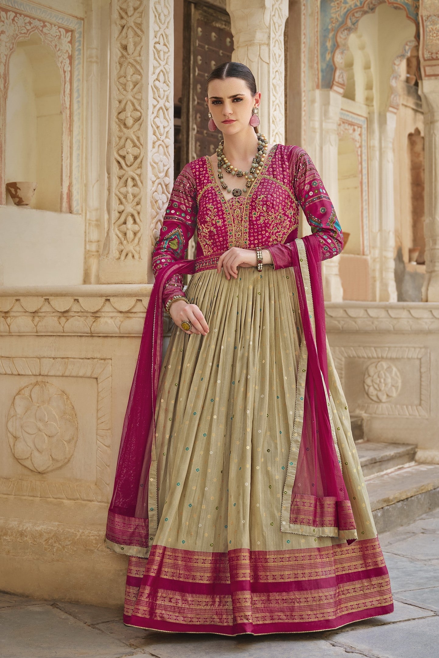 Pink Embellished Premium Silk Anarkali Set