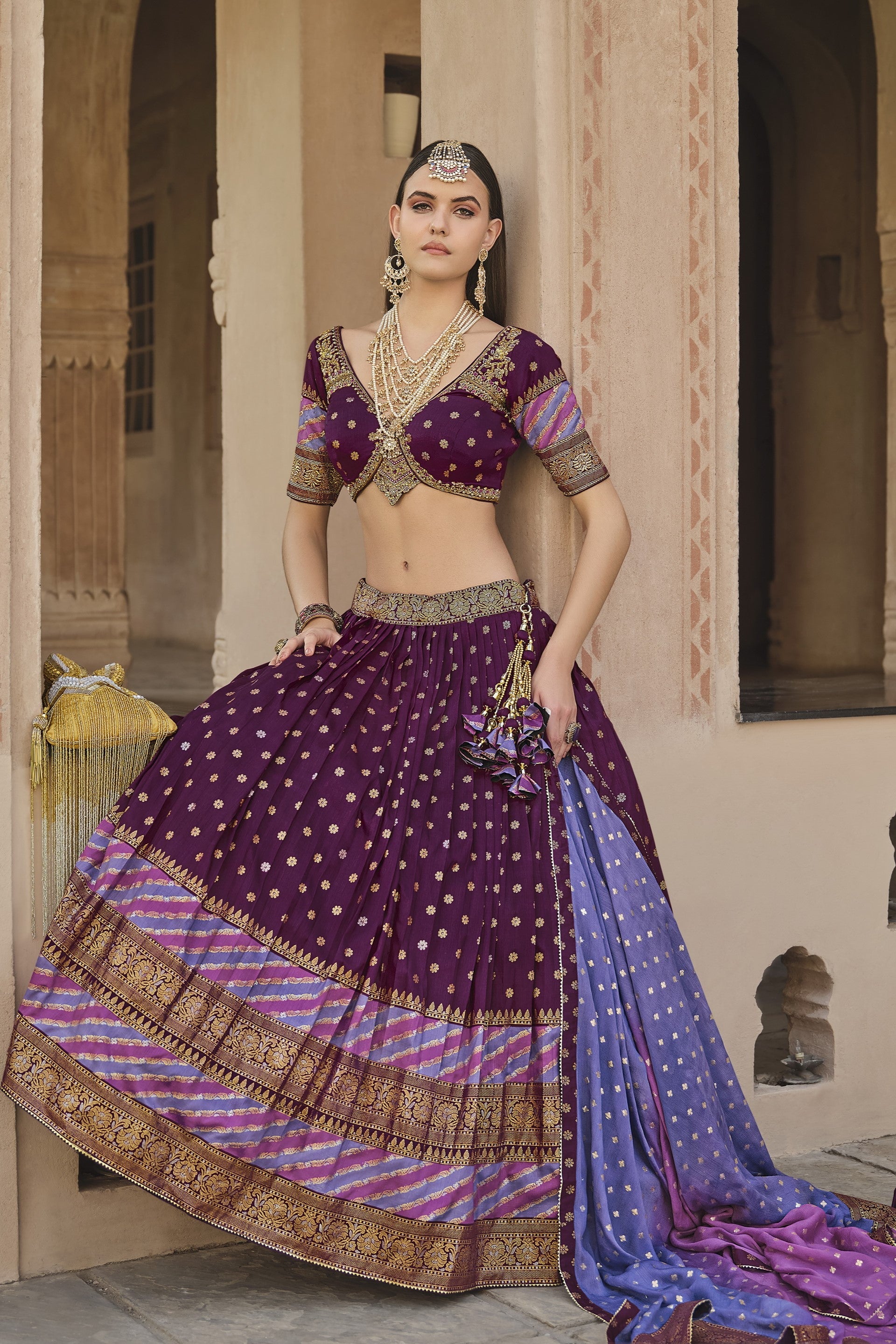 Burgundy Ethnic Printed Premium Silk Lehenga Set