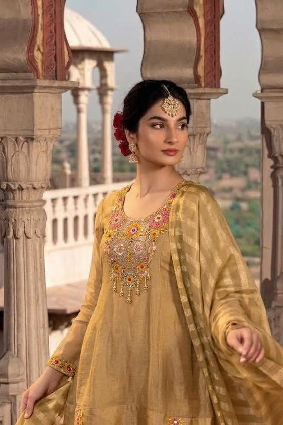 Metallic Gold Embellished Shimmer Silk Palazzo Set